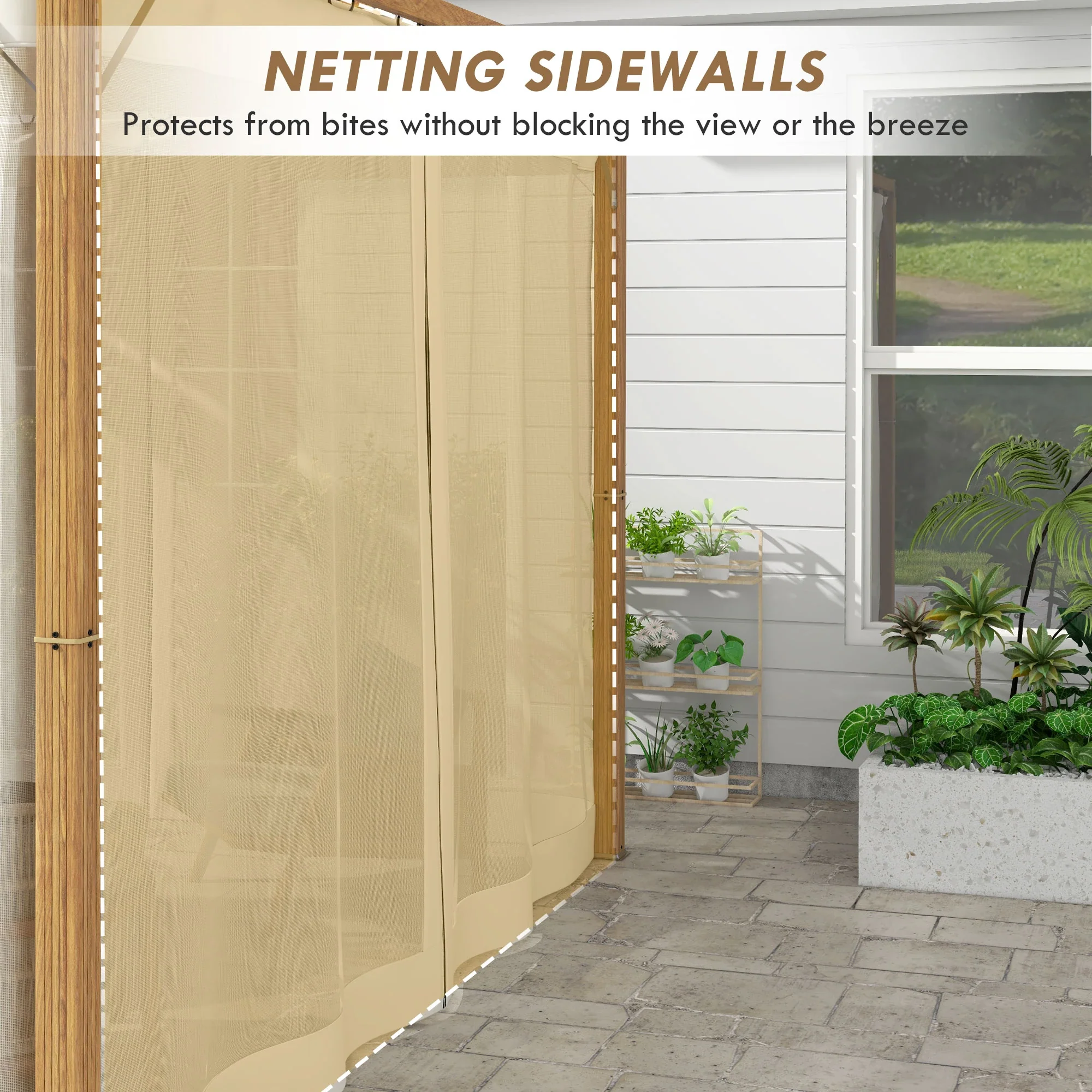 10 x 10 ft Retractable Pergola, Garden Gazebo with Netting, Natural - Image 5