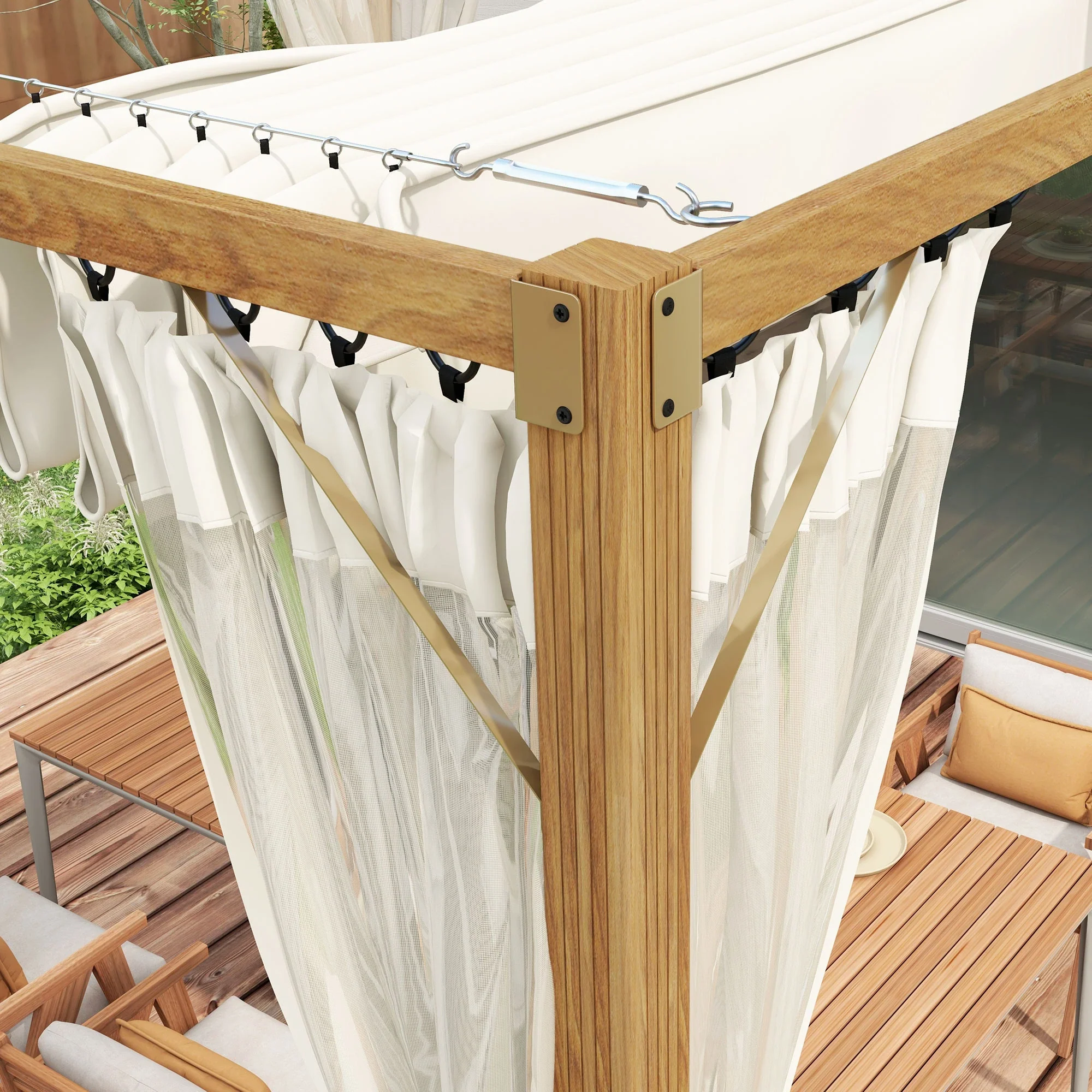 10 x 10 ft Retractable Pergola, Garden Gazebo with Netting, Natural - Image 7