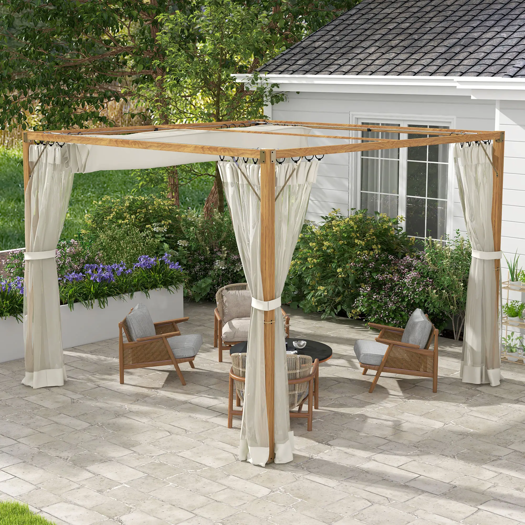10 x 10 ft Retractable Pergola, Garden Gazebo with Netting, Natural - Image 8