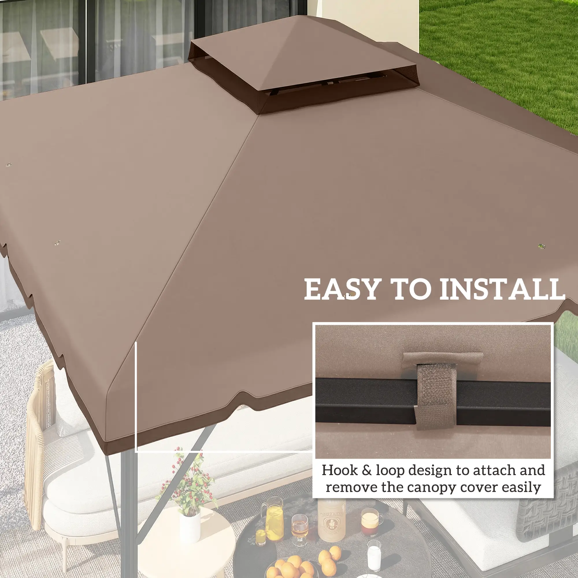 10' x 10' Gazebo Canopy Replacement, Double-Tier Outdoor Roof, Khaki/Brown - Image 6