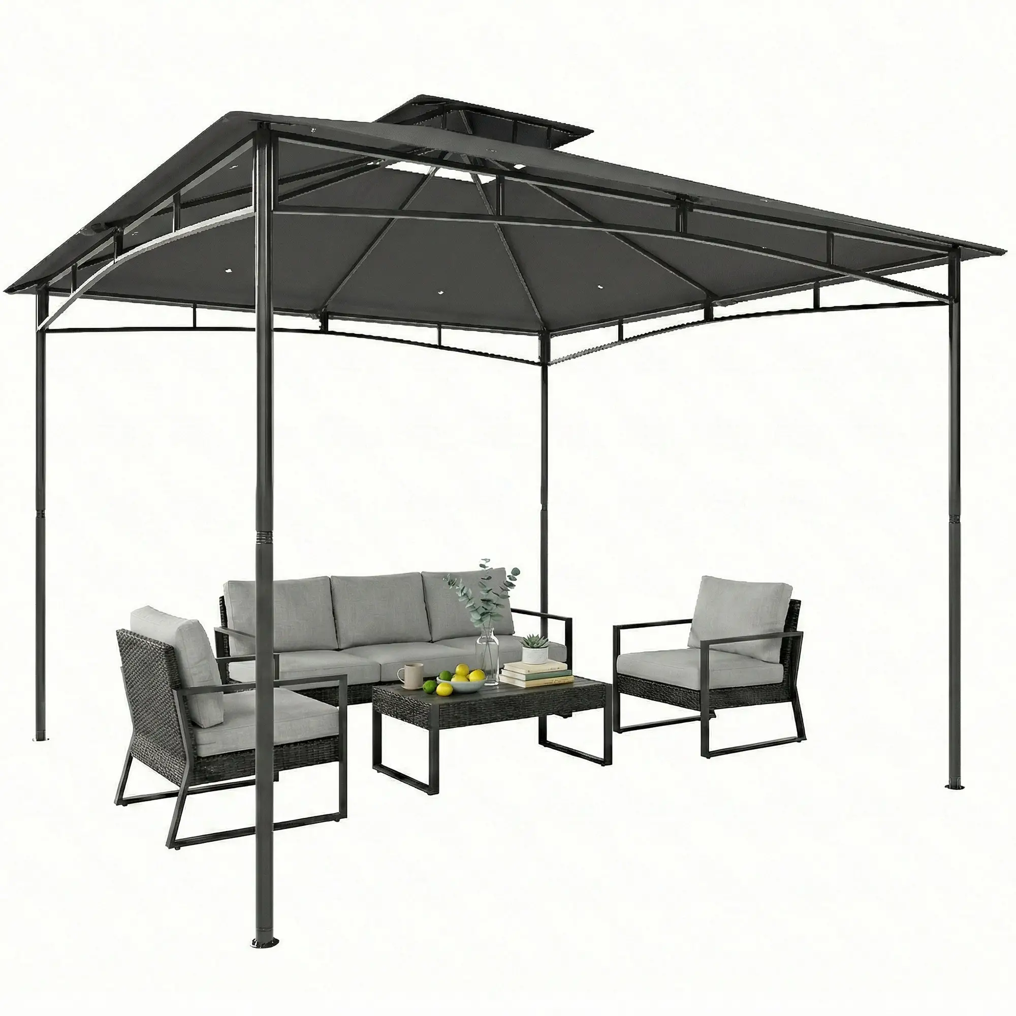 10' x 10' Gazebo, Metal Frame, 2-Tier Roof, Dark Grey