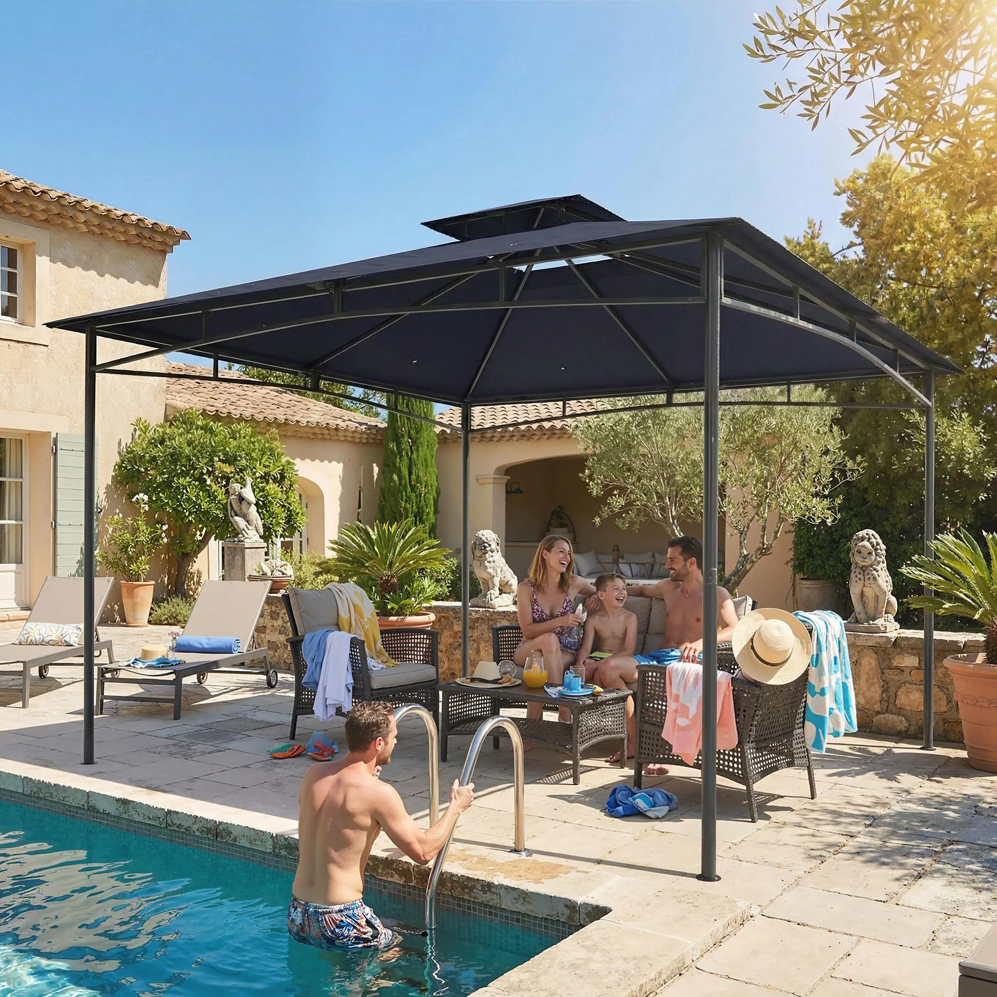 10' x 10' Gazebo, Soft Top, 2-Tier Roof, Metal Frame, Navy Blue - Image 10