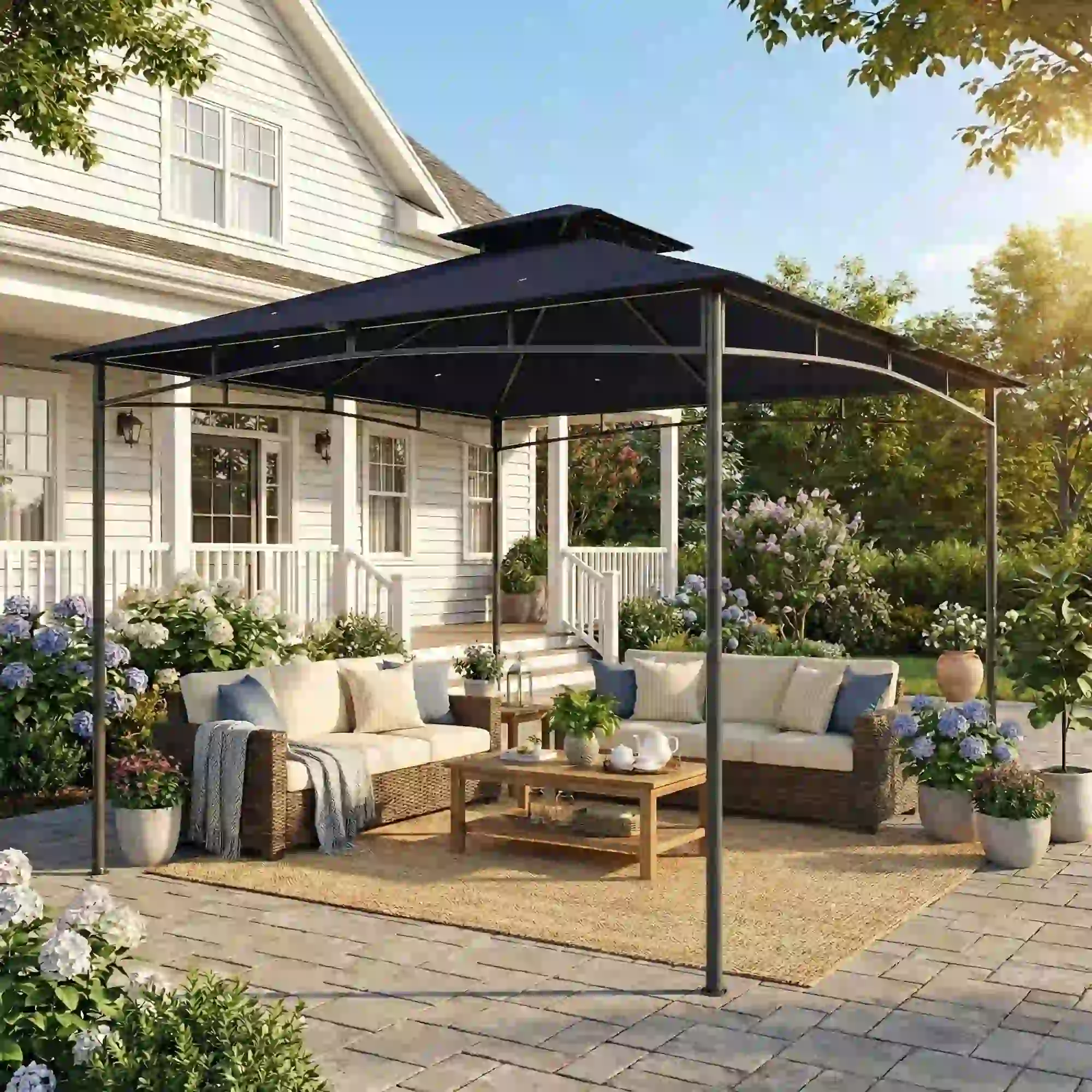 10' x 10' Gazebo, Soft Top, 2-Tier Roof, Metal Frame, Navy Blue - Image 2
