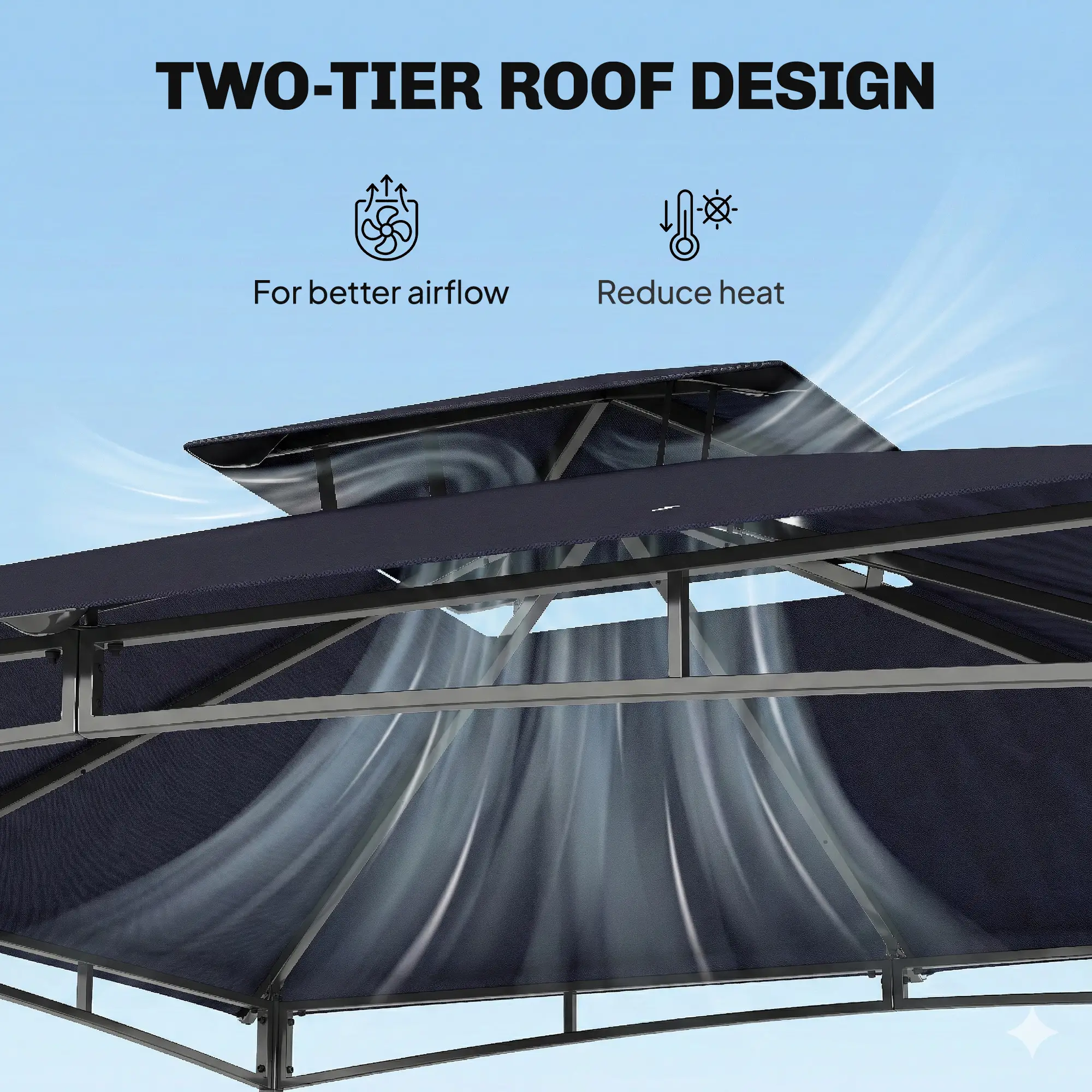 10' x 10' Gazebo, Soft Top, 2-Tier Roof, Metal Frame, Navy Blue - Image 6