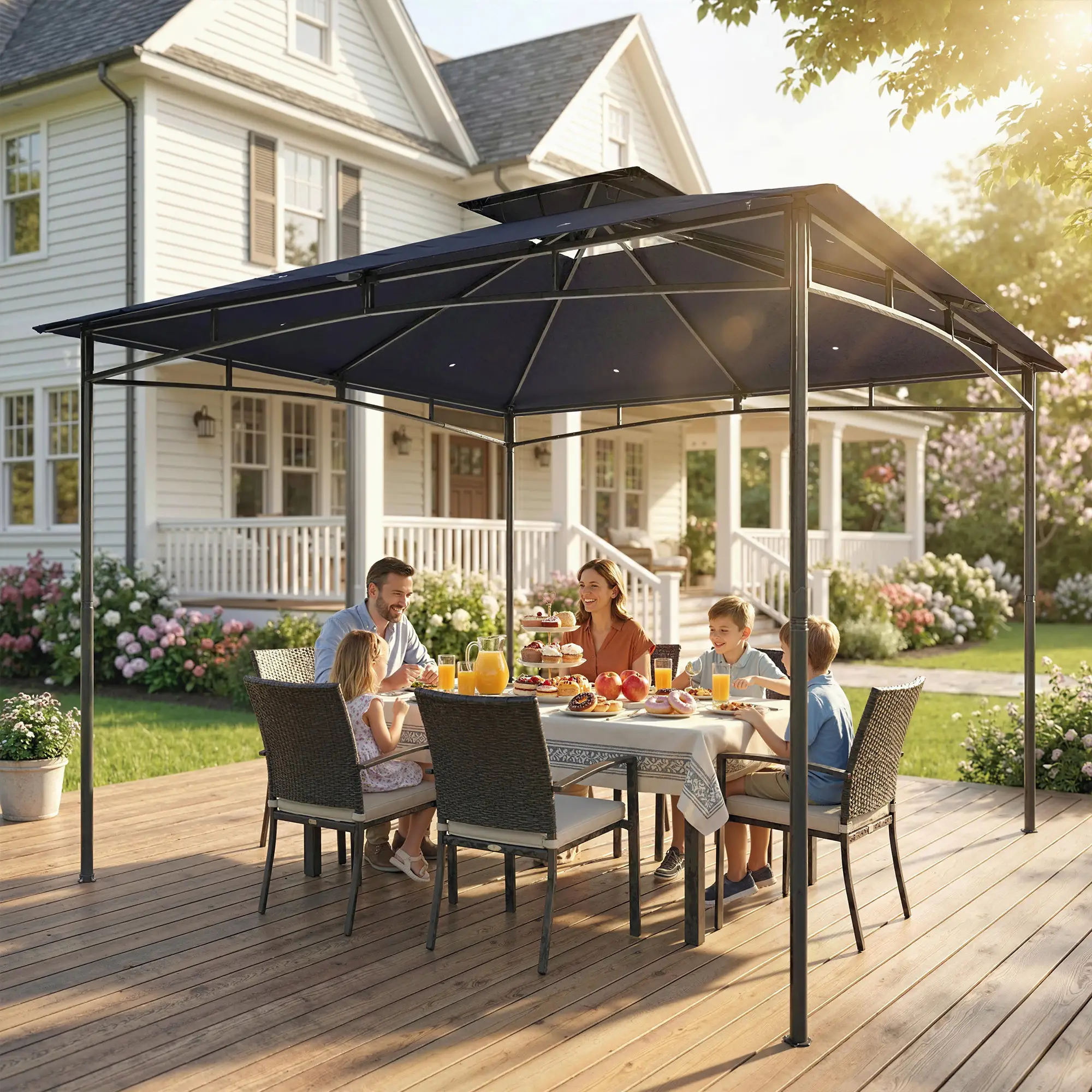 10' x 10' Gazebo, Soft Top, 2-Tier Roof, Metal Frame, Navy Blue - Image 7