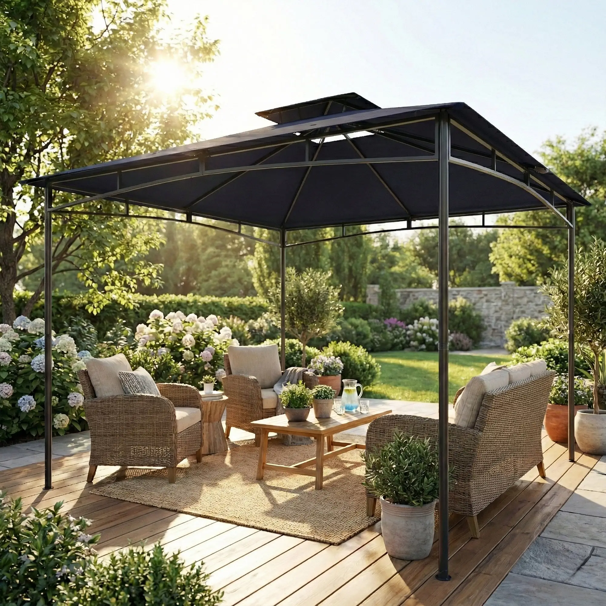 10' x 10' Gazebo, Soft Top, 2-Tier Roof, Metal Frame, Navy Blue - Image 8