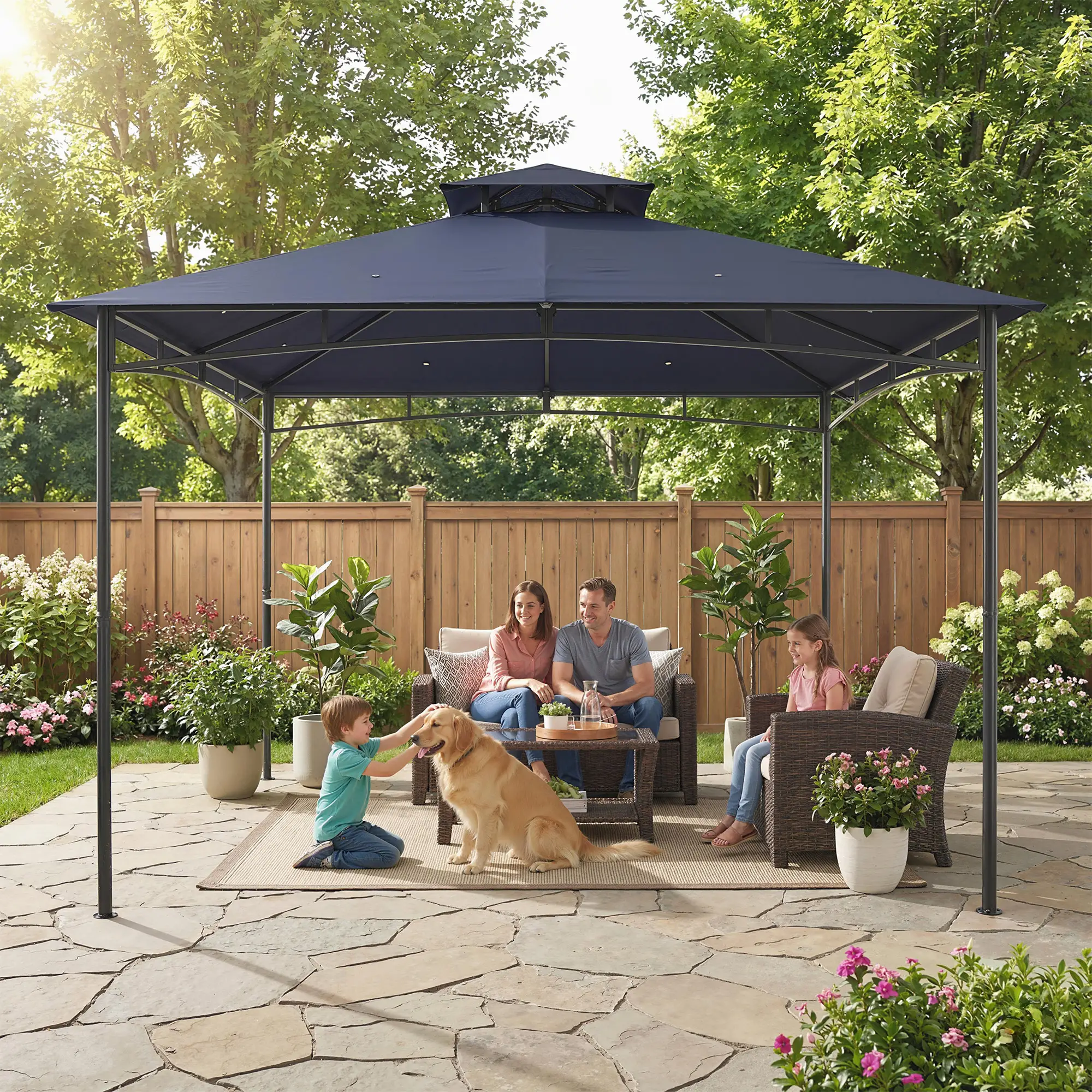 10' x 10' Gazebo, Soft Top, 2-Tier Roof, Metal Frame, Navy Blue - Image 9
