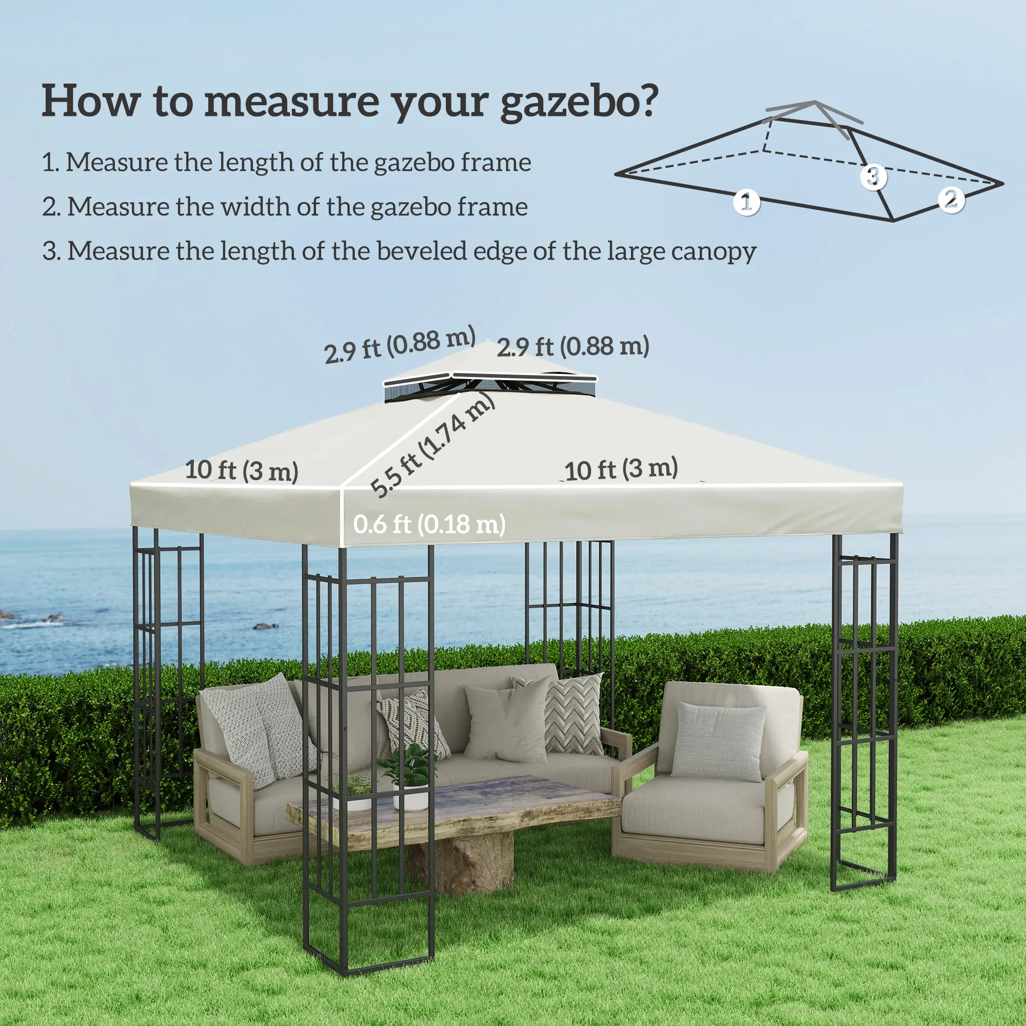 10' x 10' Gazebo Replacement Cover, UPF30+, 2-Tier Roof, Light Grey - Image 3