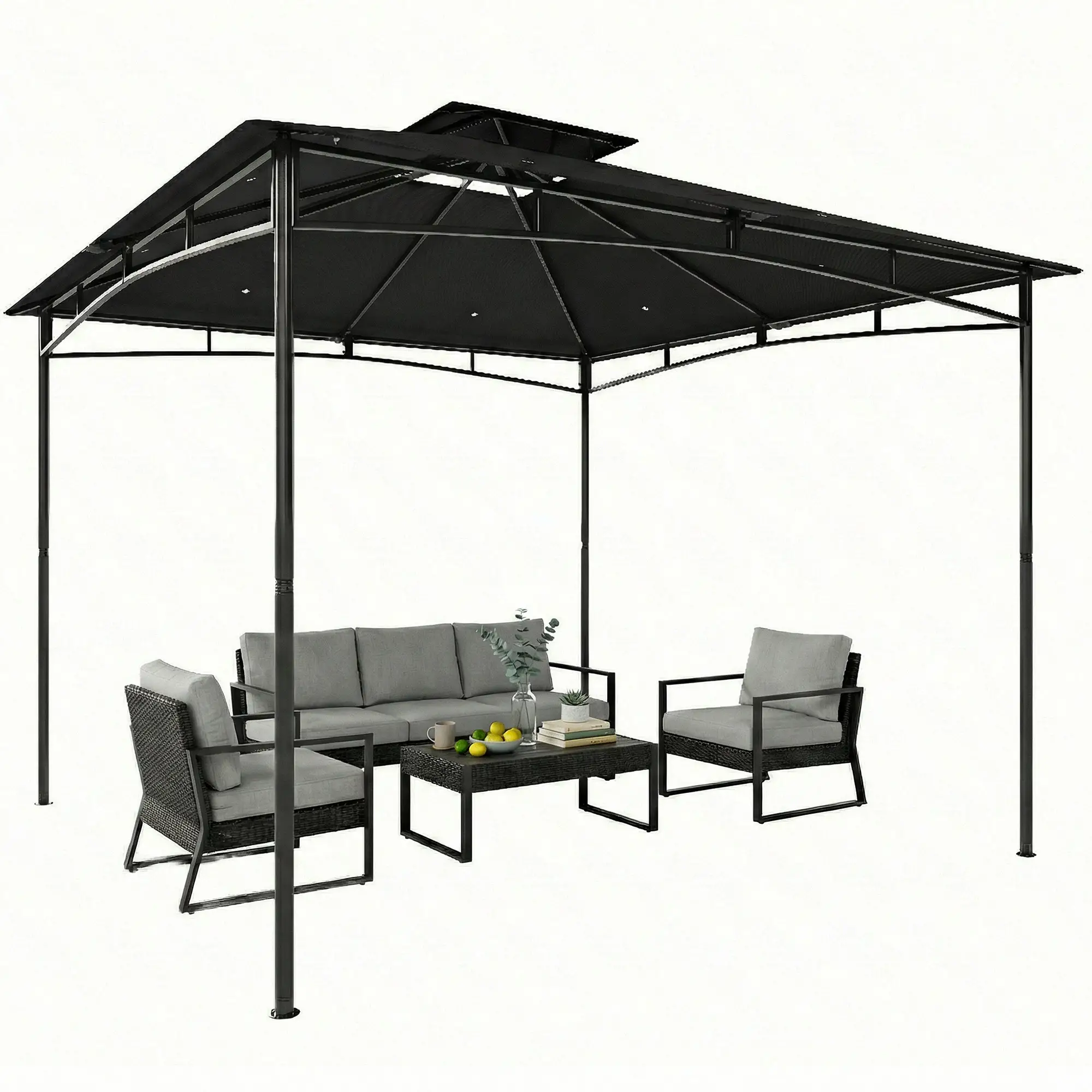 10' x 10' Gazebo, Soft Top, 2-Tier Roof, Metal Frame, Black - Image 11