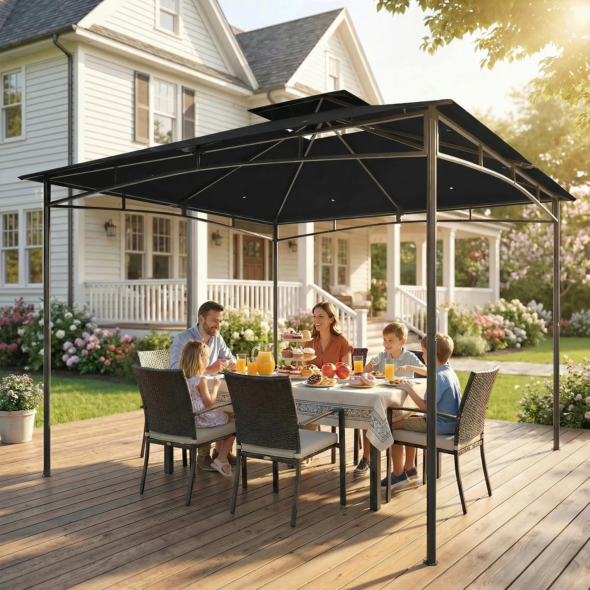 10' x 10' Gazebo, Soft Top, 2-Tier Roof, Metal Frame, Black - Image 7