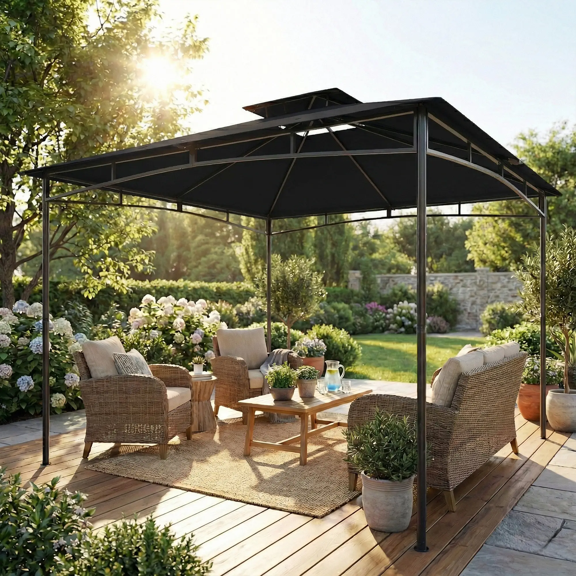 10' x 10' Gazebo, Soft Top, 2-Tier Roof, Metal Frame, Black - Image 8
