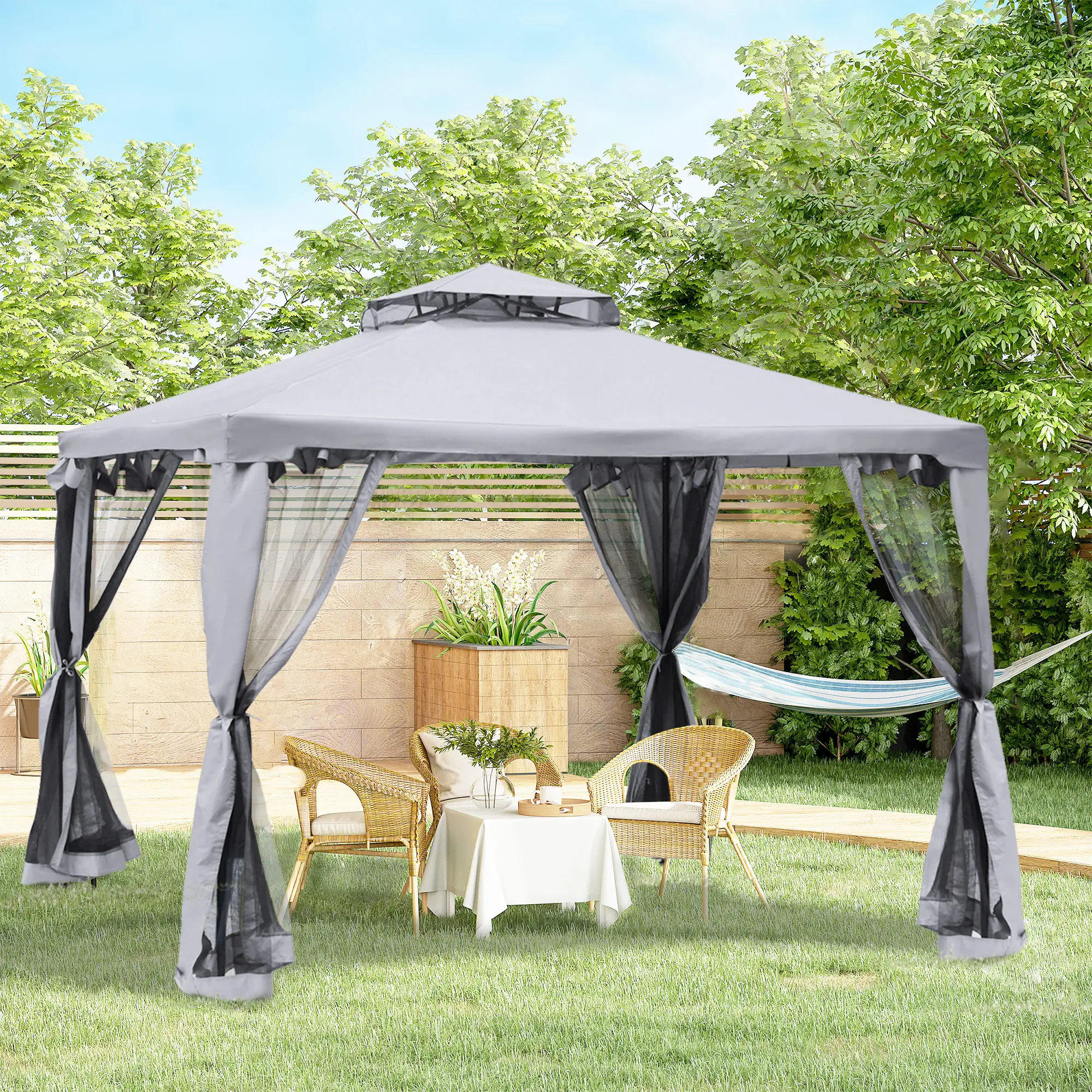 10' x 10' Gazebo, Steel Frame, Mosquito Netting, Grey - Image 2