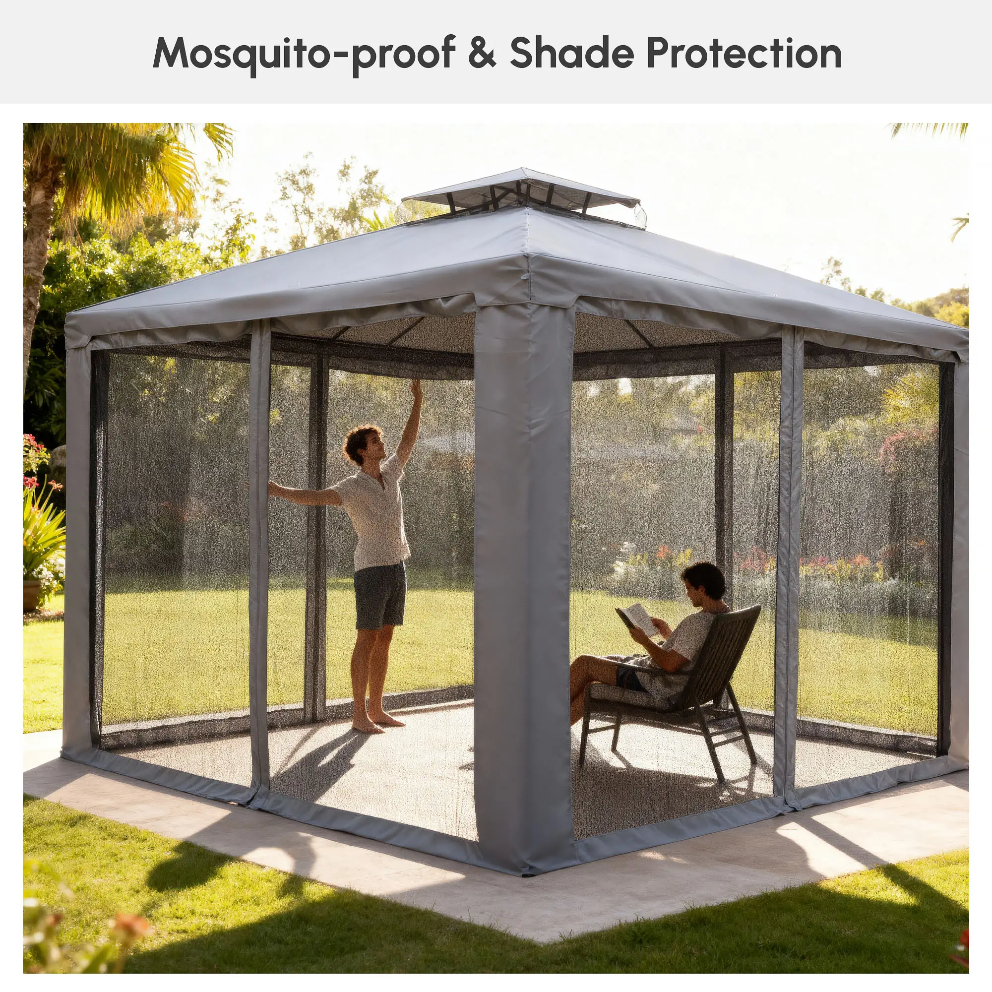 10' x 10' Gazebo, Steel Frame, Mosquito Netting, Grey - Image 5