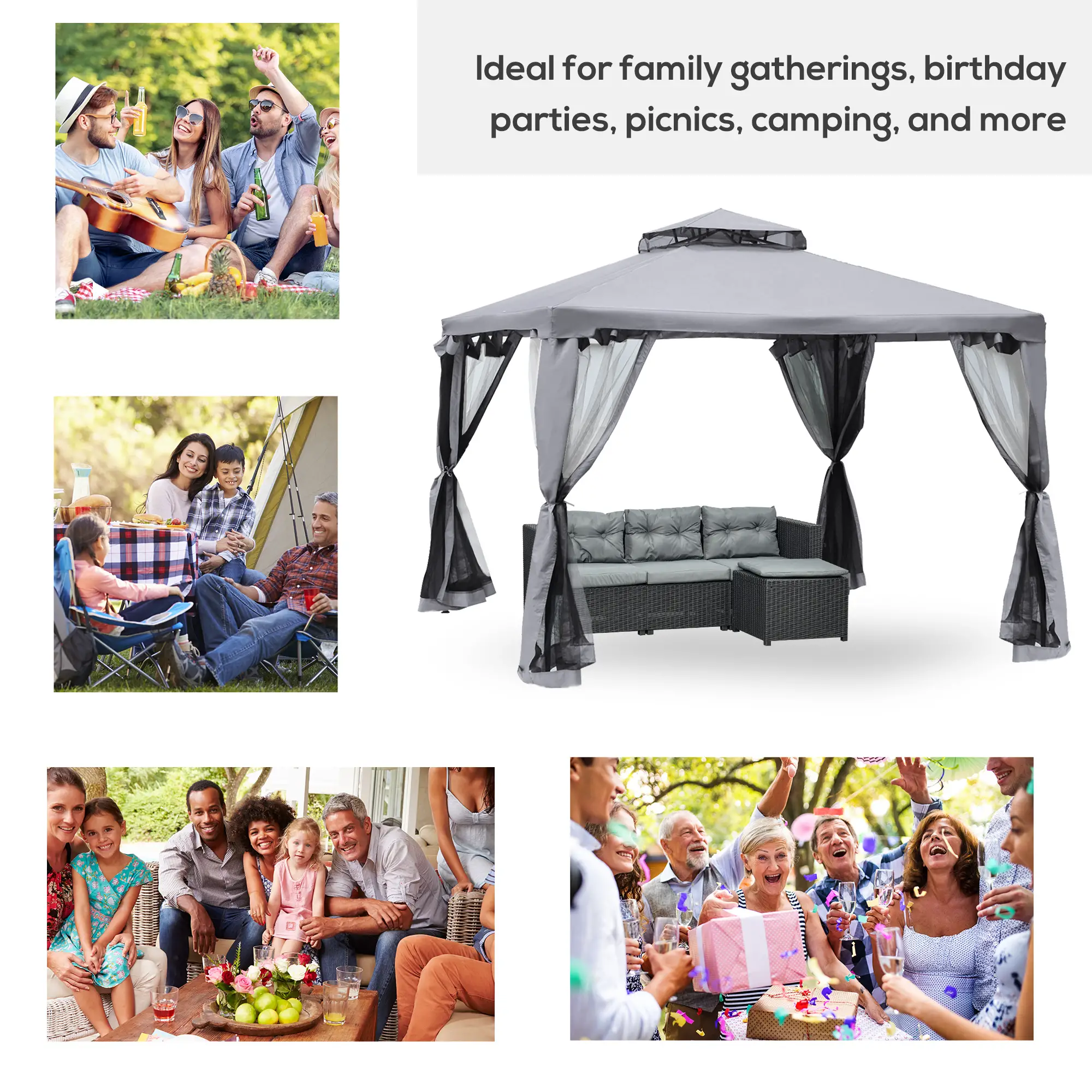 10' x 10' Gazebo, Steel Frame, Mosquito Netting, Grey - Image 8