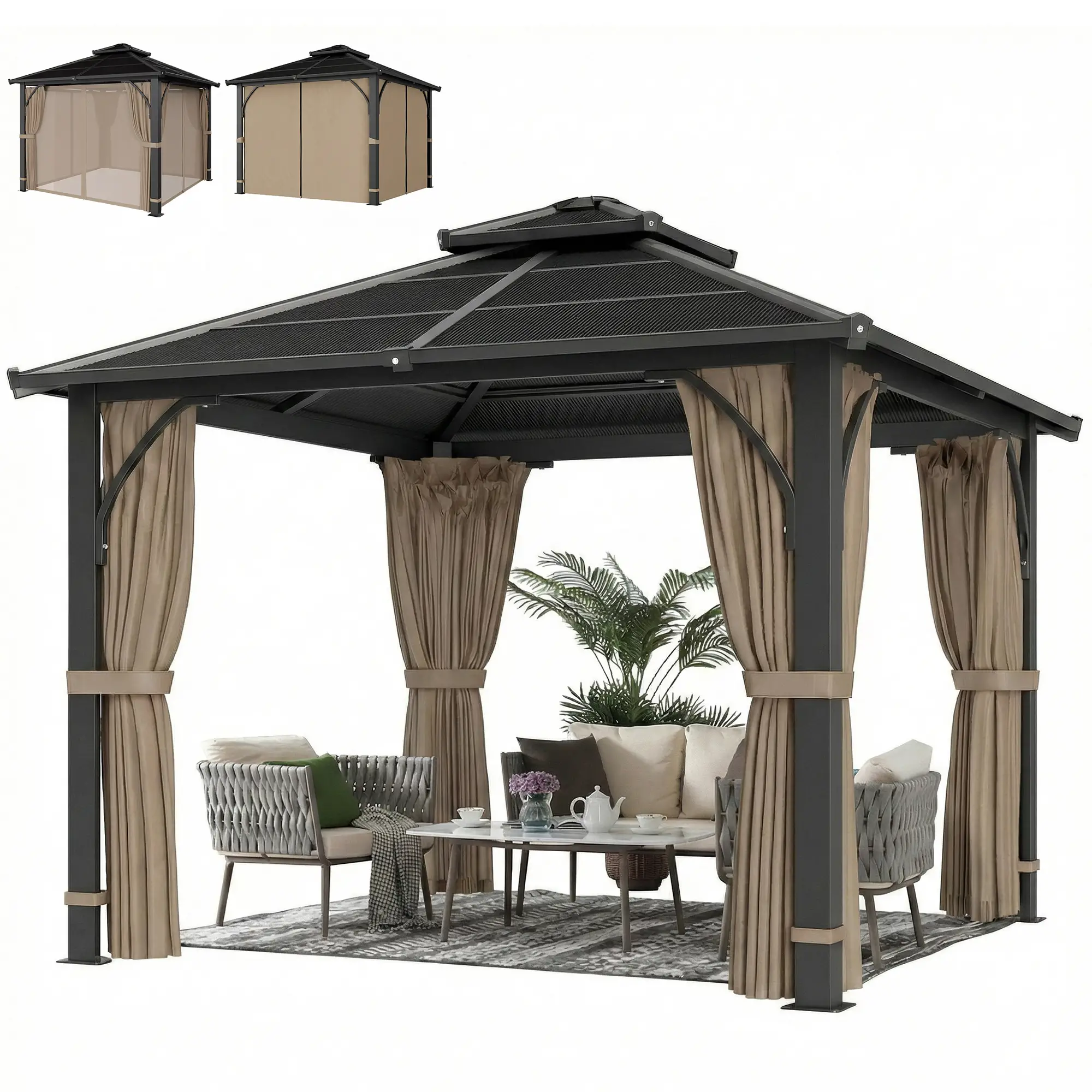 10' x 10' Hardtop Gazebo, 7mm Double Polycarbonate Roof, Netting And Curtains, Khaki