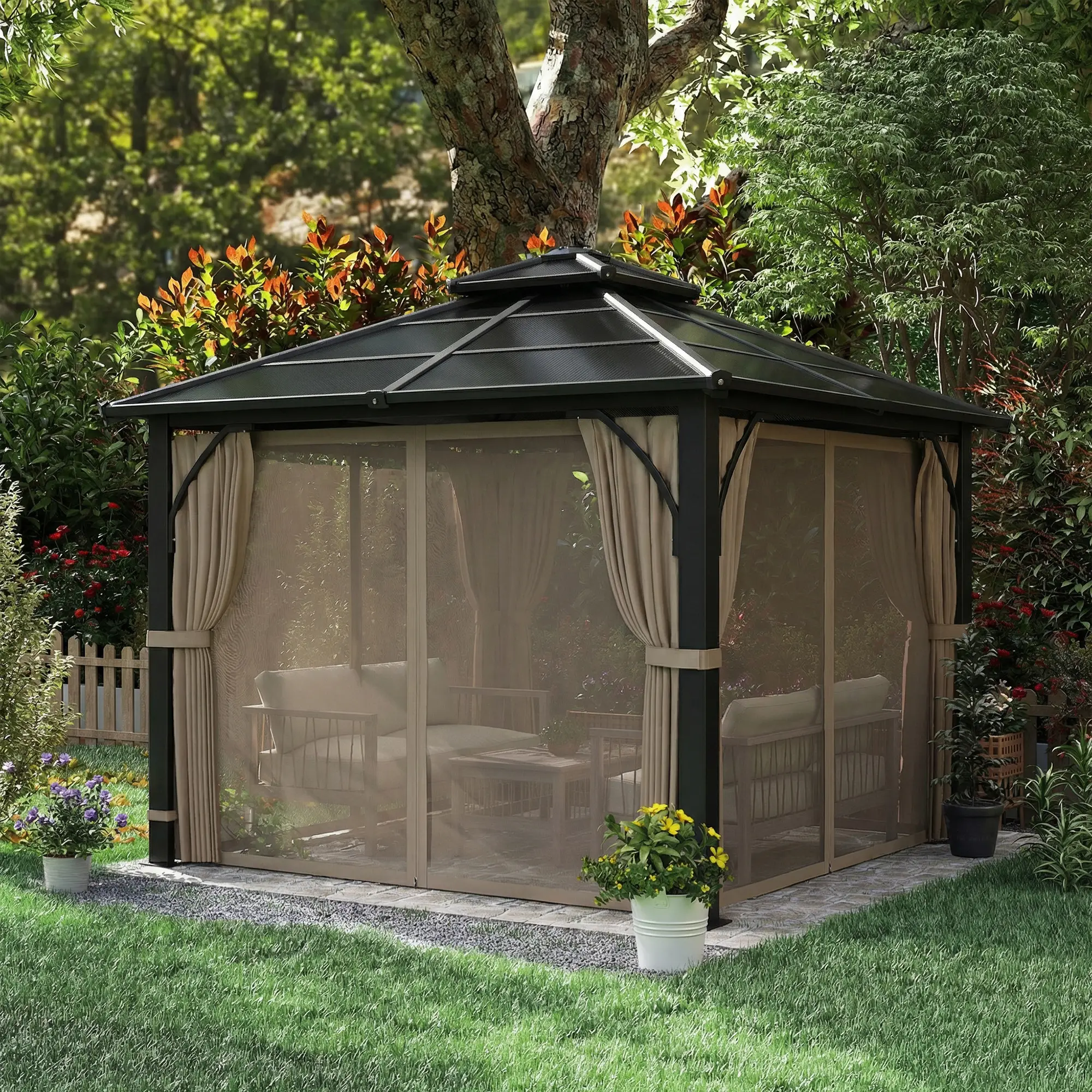10' x 10' Hardtop Gazebo, 7mm Double Polycarbonate Roof, Netting And Curtains, Khaki - Image 10