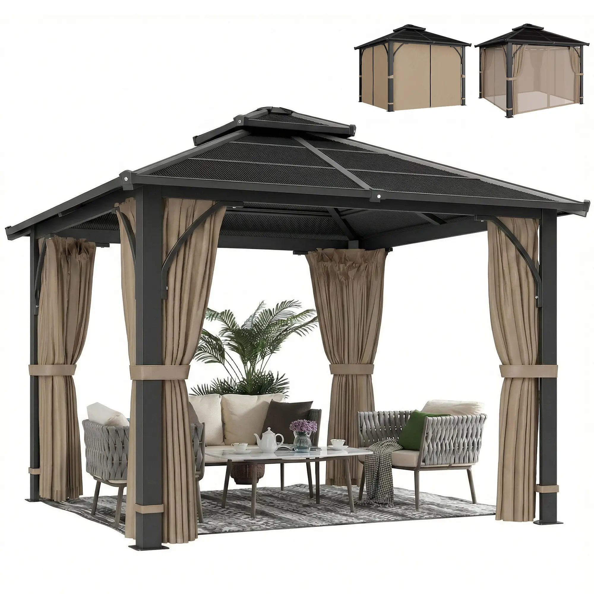 10' x 10' Hardtop Gazebo, 7mm Double Polycarbonate Roof, Netting And Curtains, Khaki - Image 11