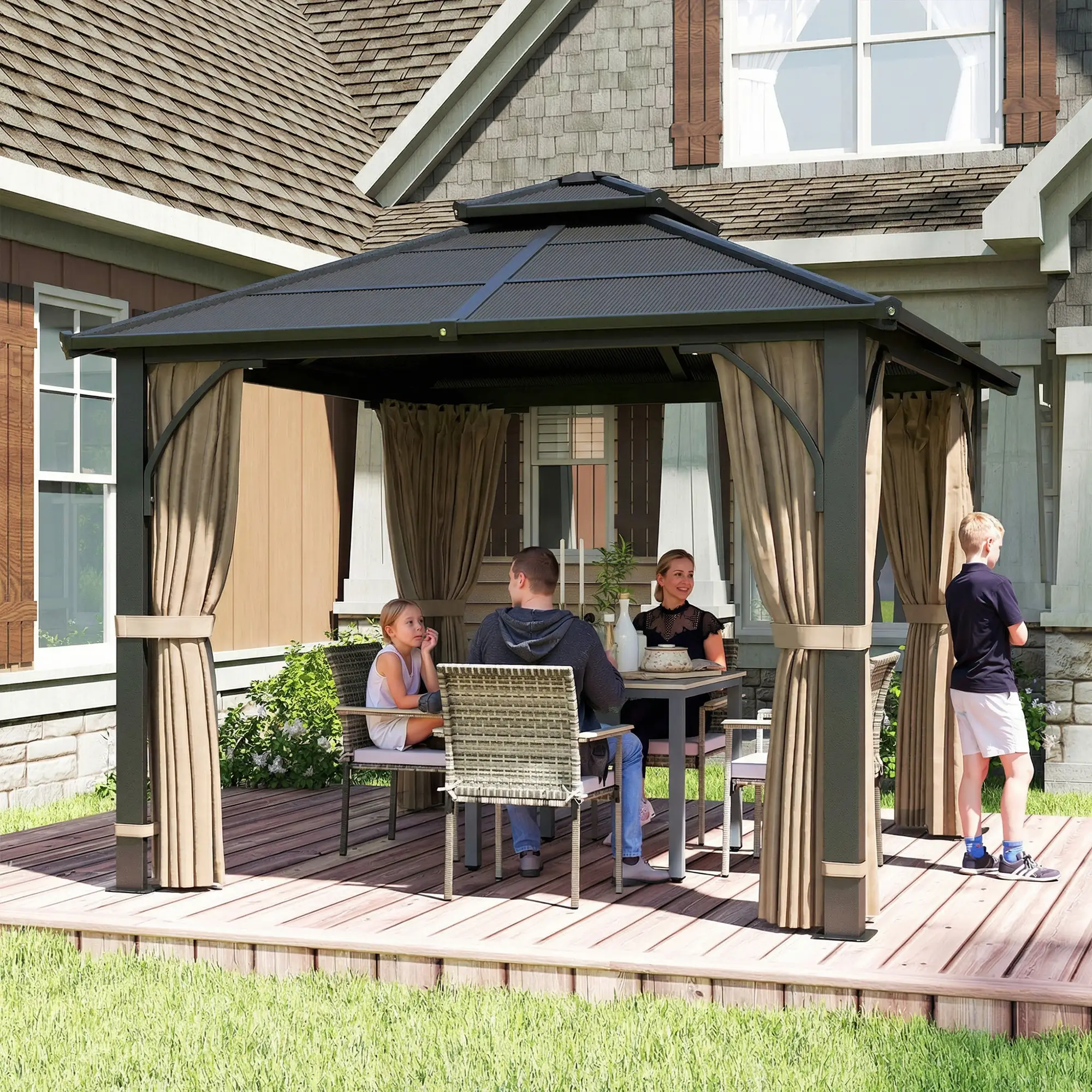 10' x 10' Hardtop Gazebo, 7mm Double Polycarbonate Roof, Netting And Curtains, Khaki - Image 2