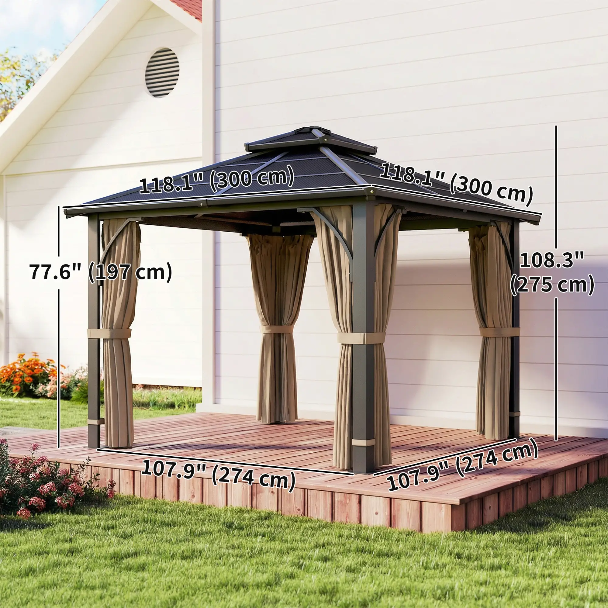 10' x 10' Hardtop Gazebo, 7mm Double Polycarbonate Roof, Netting And Curtains, Khaki - Image 3