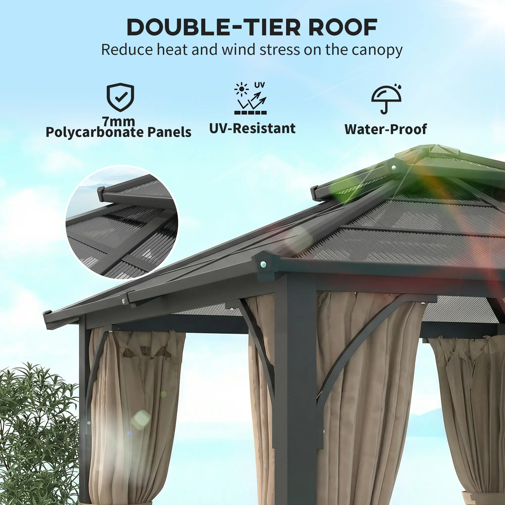 10' x 10' Hardtop Gazebo, 7mm Double Polycarbonate Roof, Netting And Curtains, Khaki - Image 4