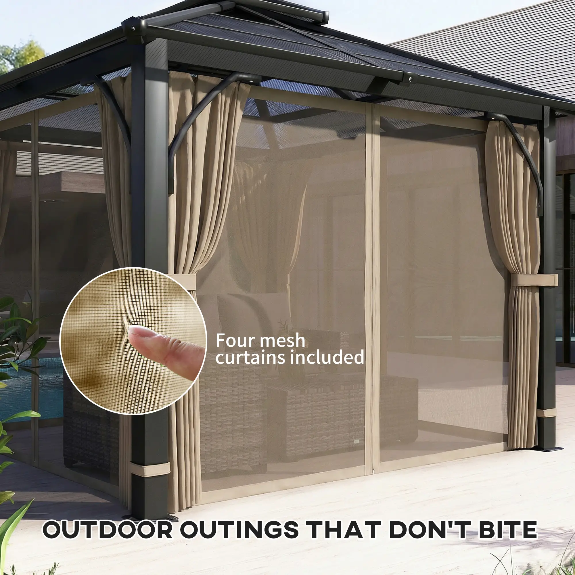 10' x 10' Hardtop Gazebo, 7mm Double Polycarbonate Roof, Netting And Curtains, Khaki - Image 7