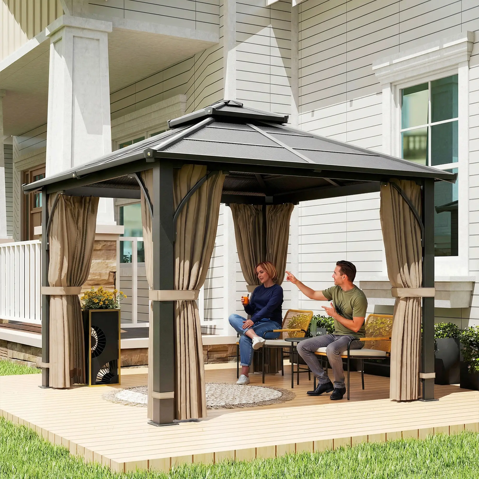 10' x 10' Hardtop Gazebo, 7mm Double Polycarbonate Roof, Netting And Curtains, Khaki - Image 8