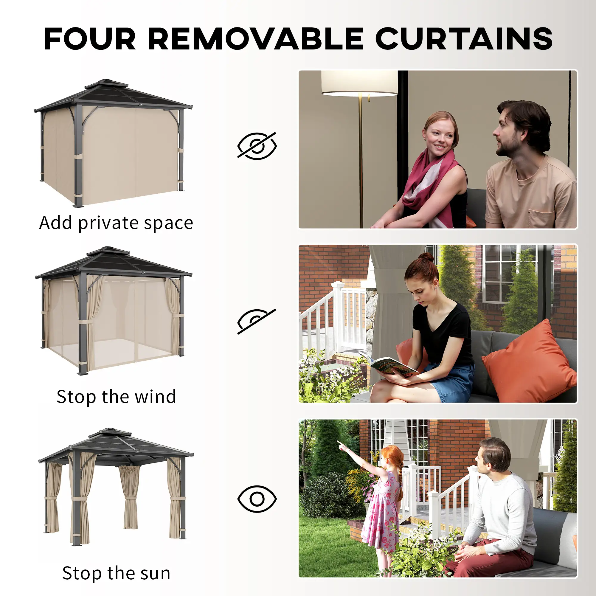 10' x 10' Hardtop Gazebo, 7mm Double Polycarbonate Roof, Netting And Curtains, Khaki - Image 9