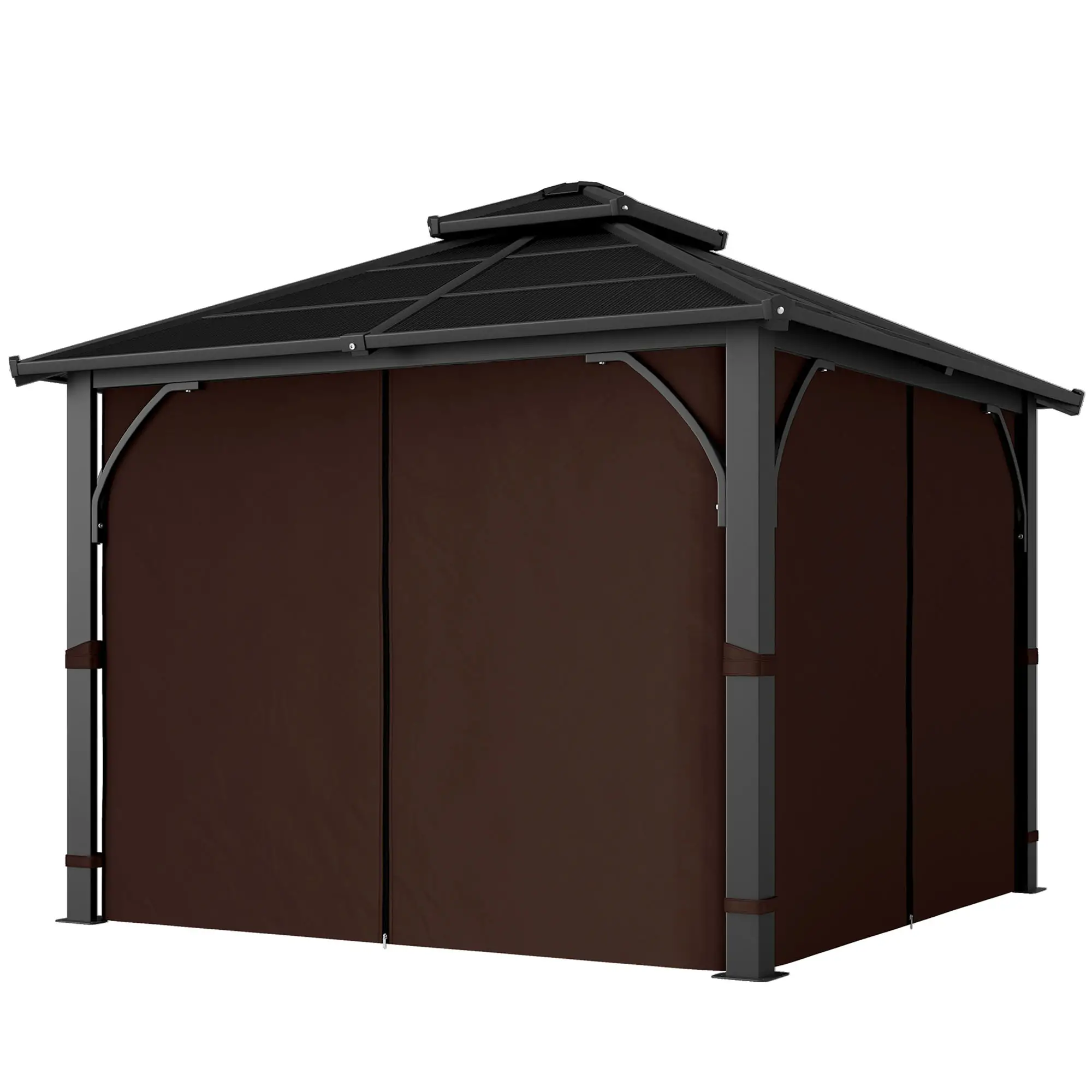 10' x 10' Hardtop Gazebo, 7mm Polycarbonate Roof, Netting And Curtains, Coffee