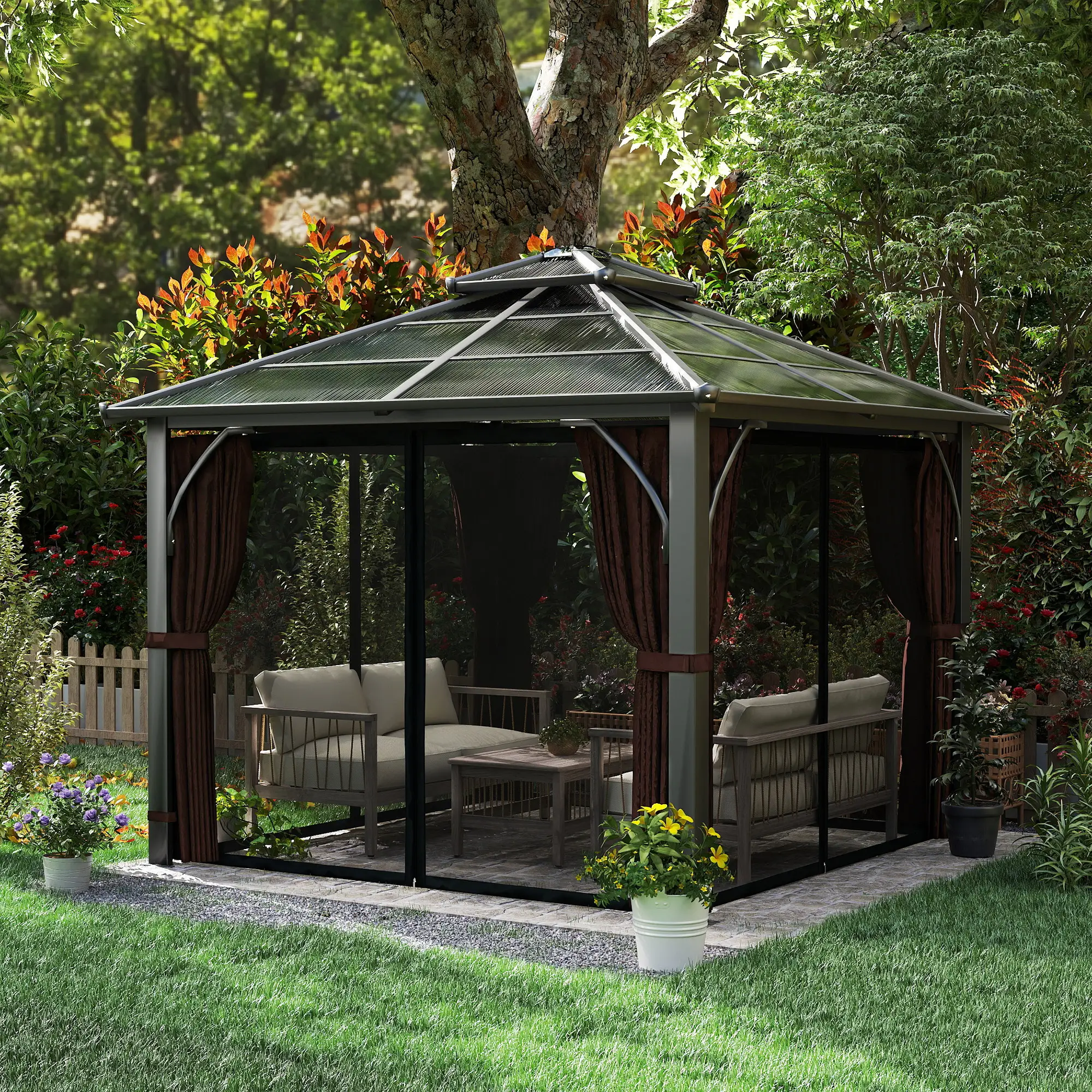 10' x 10' Hardtop Gazebo, 7mm Polycarbonate Roof, Netting And Curtains, Coffee - Image 10