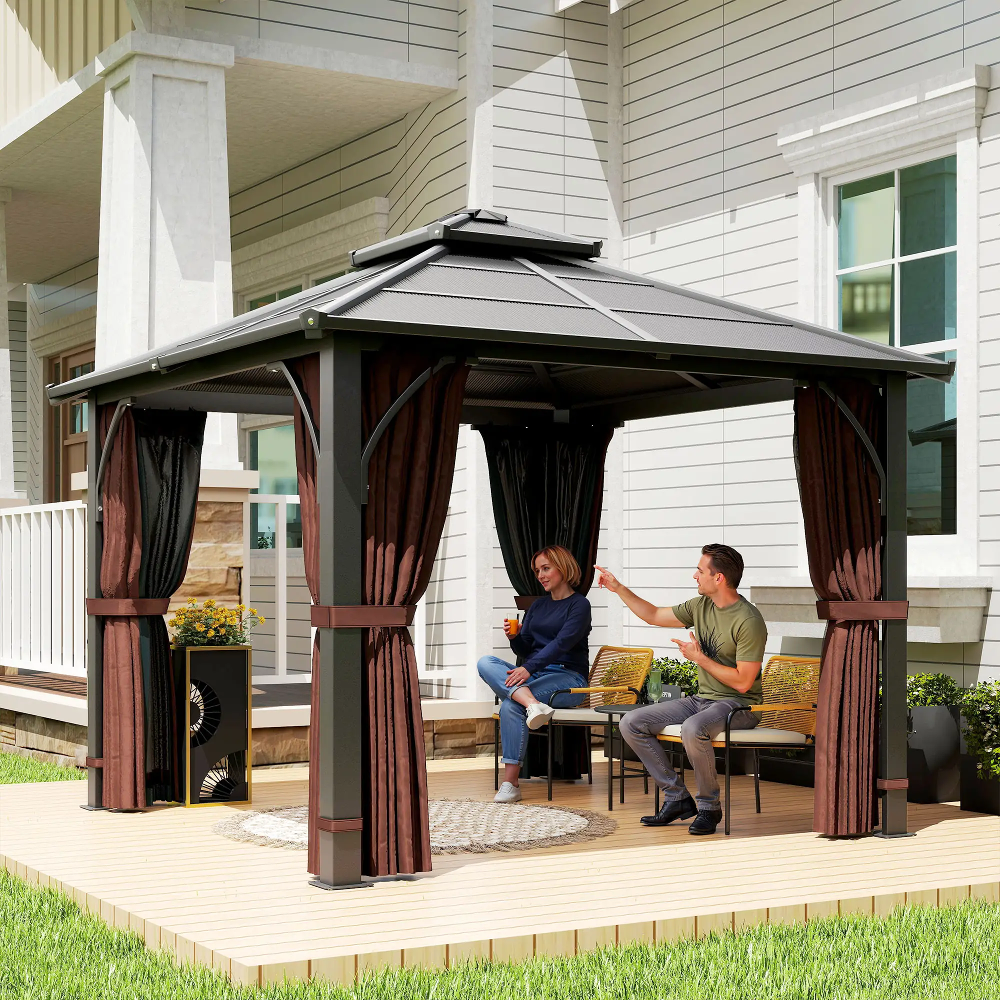 10' x 10' Hardtop Gazebo, 7mm Polycarbonate Roof, Netting And Curtains, Coffee - Image 8