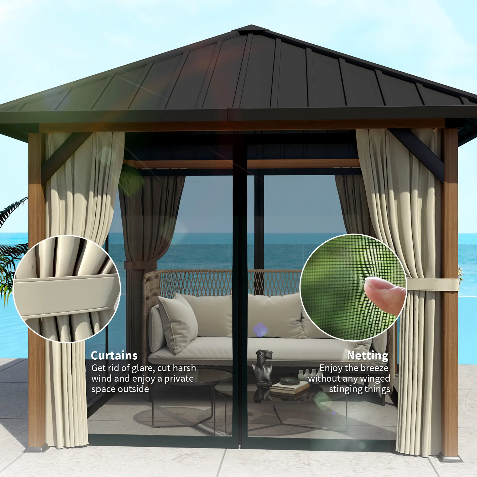 10' x 10' Hardtop Gazebo, Galvanized Steel Roof, Netting, Curtains - Image 7
