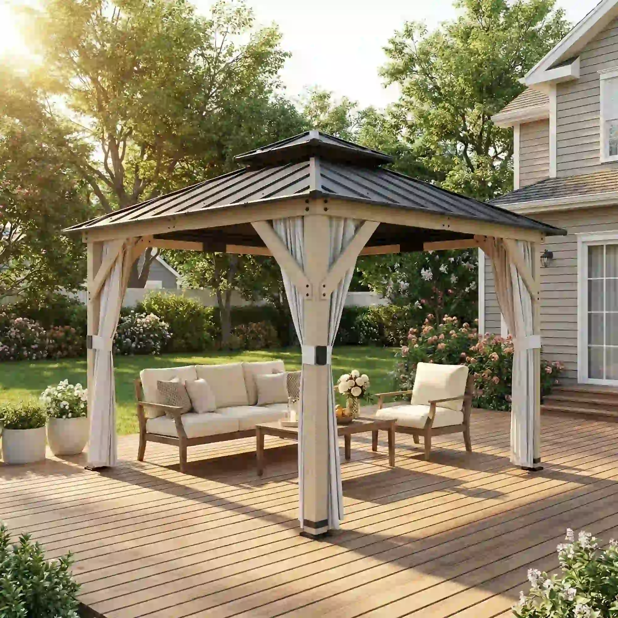 10' x 10' Hardtop Gazebo, Steel Roof, Wood Patio, Light Grey - Image 10