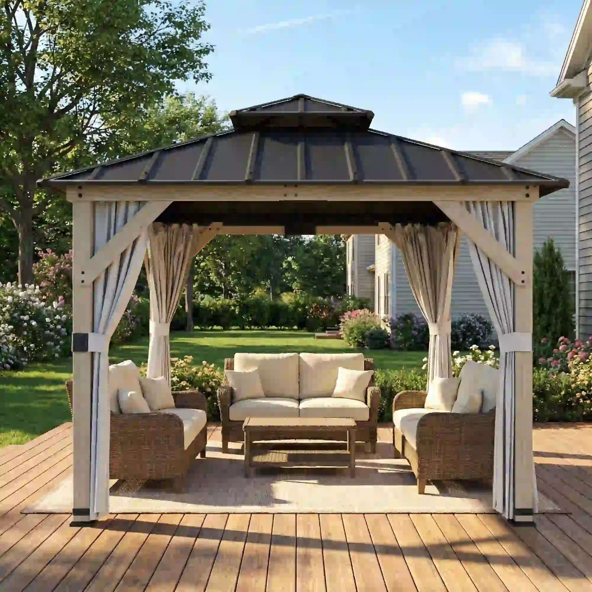 10' x 10' Hardtop Gazebo, Steel Roof, Wood Patio, Light Grey - Image 8