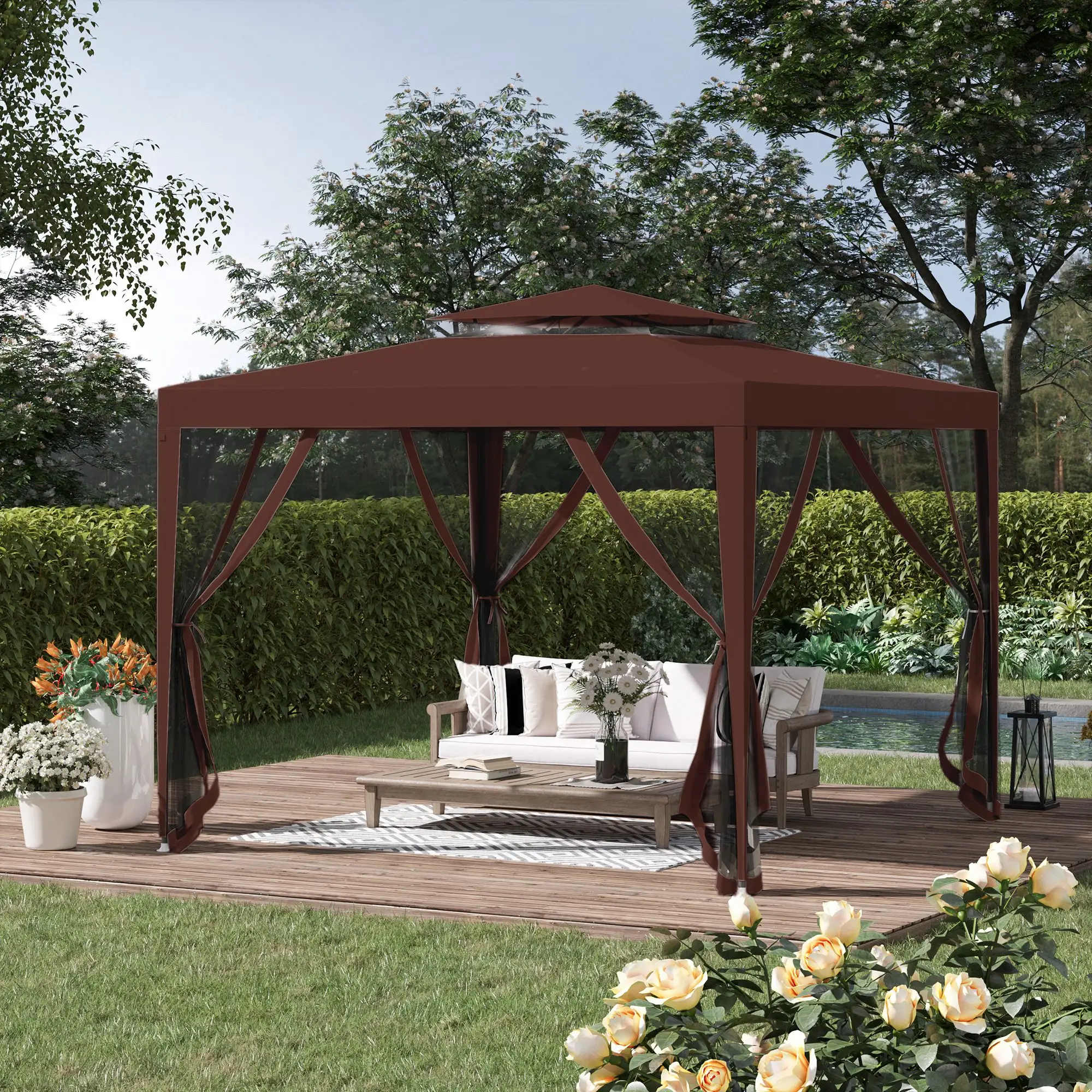 10' x 10' Outdoor Canopy Tent, Mesh Netting, Double Tier Roof, Brown - Image 8
