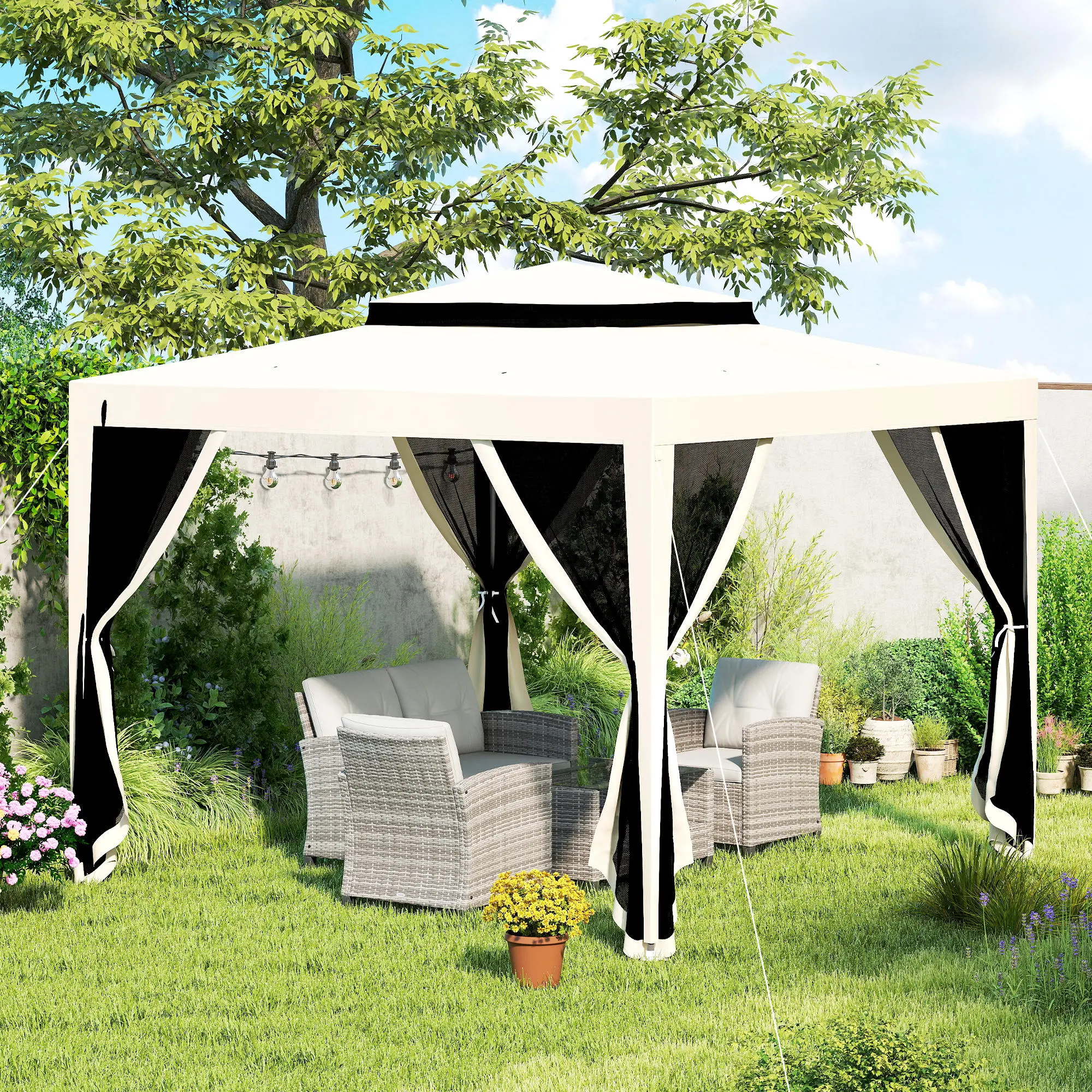 10' x 10' Outdoor Canopy Tent, Mesh Netting, Double Tier Roof, Cream White - Image 10