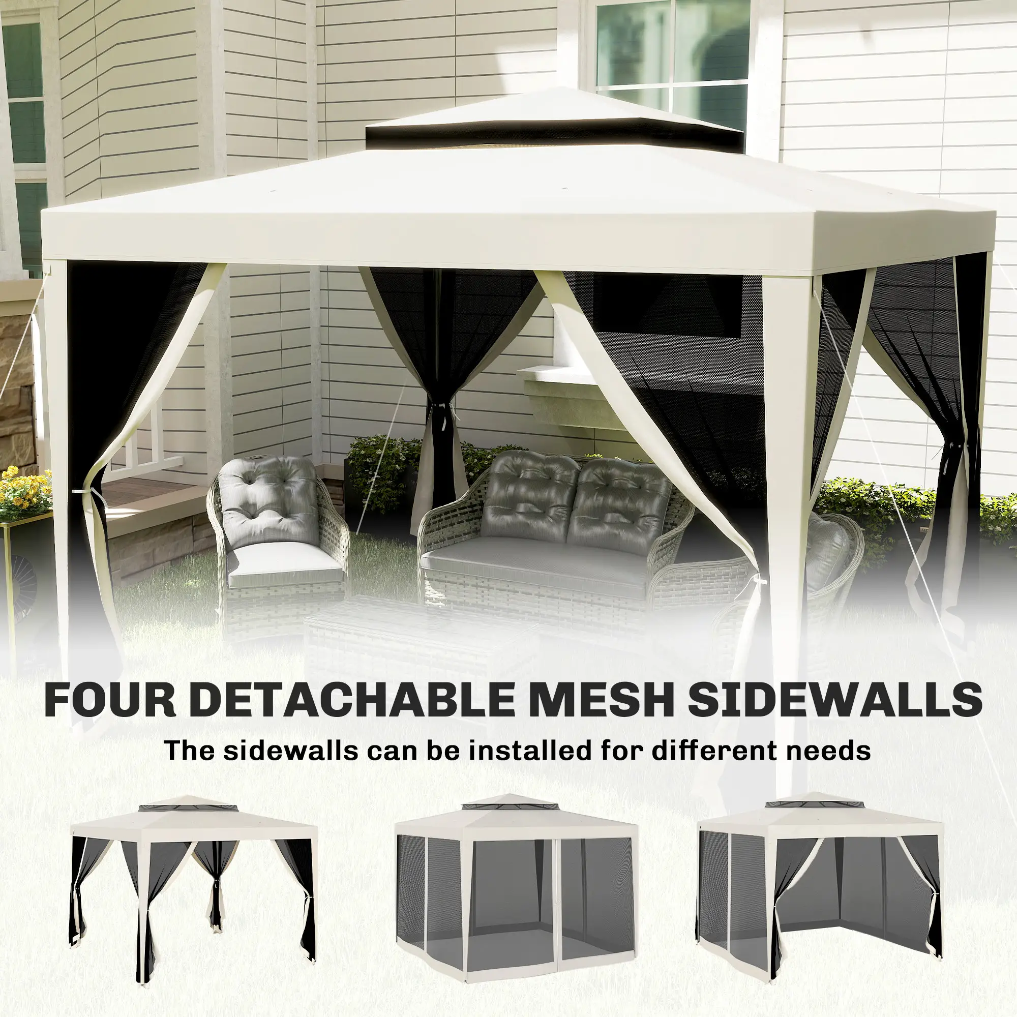 10' x 10' Outdoor Canopy Tent, Mesh Netting, Double Tier Roof, Cream White - Image 7