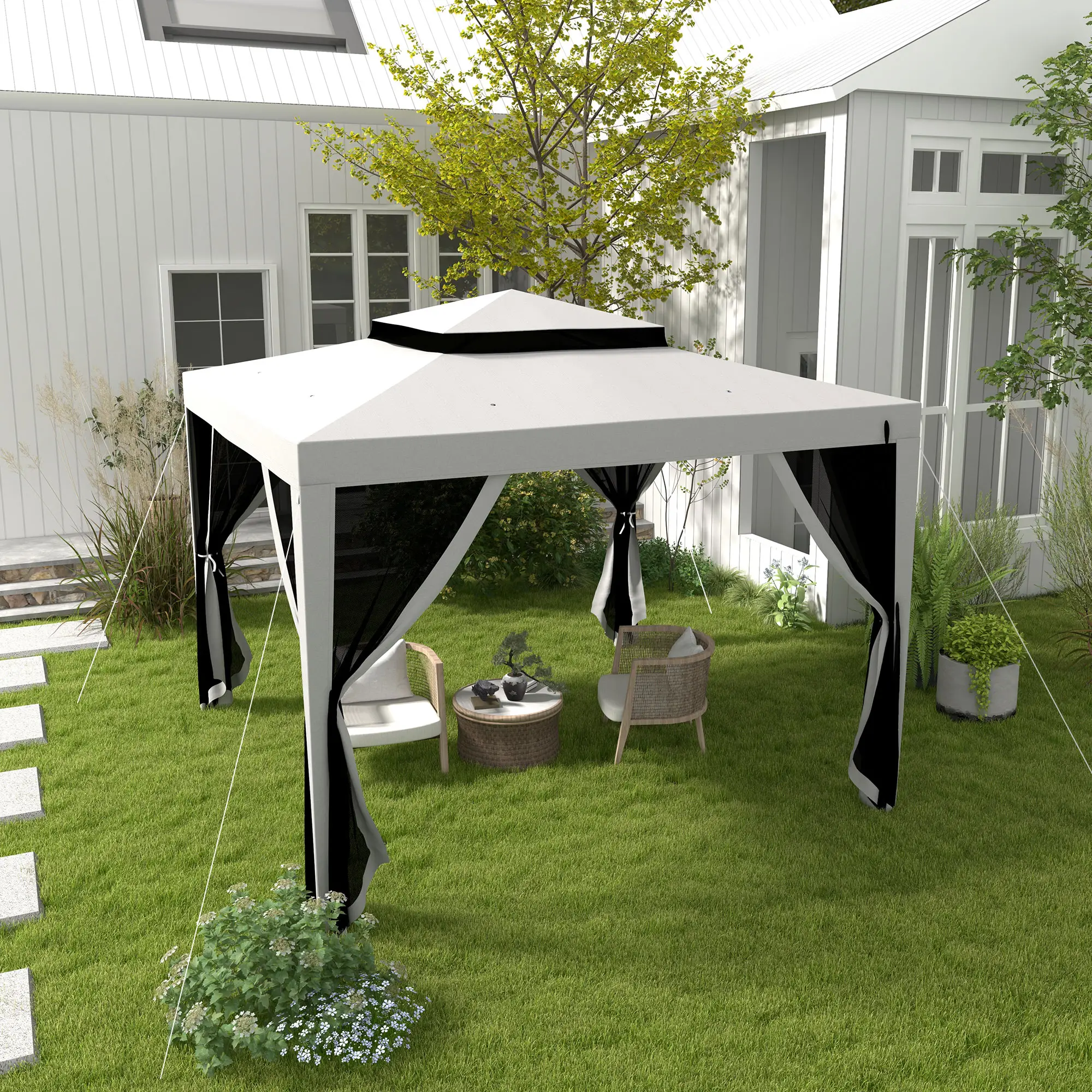 10' x 10' Outdoor Canopy Tent, Mesh Netting, Double Tier Roof, Grey - Image 2