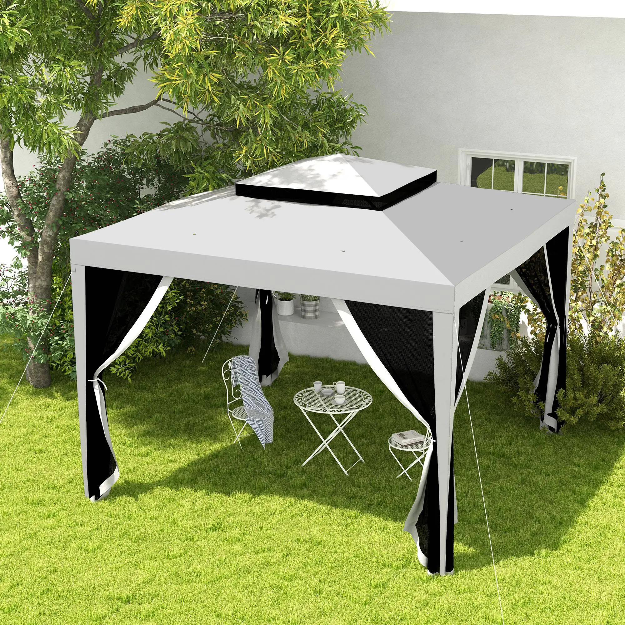 10' x 10' Outdoor Canopy Tent, Mesh Netting, Double Tier Roof, Grey - Image 8