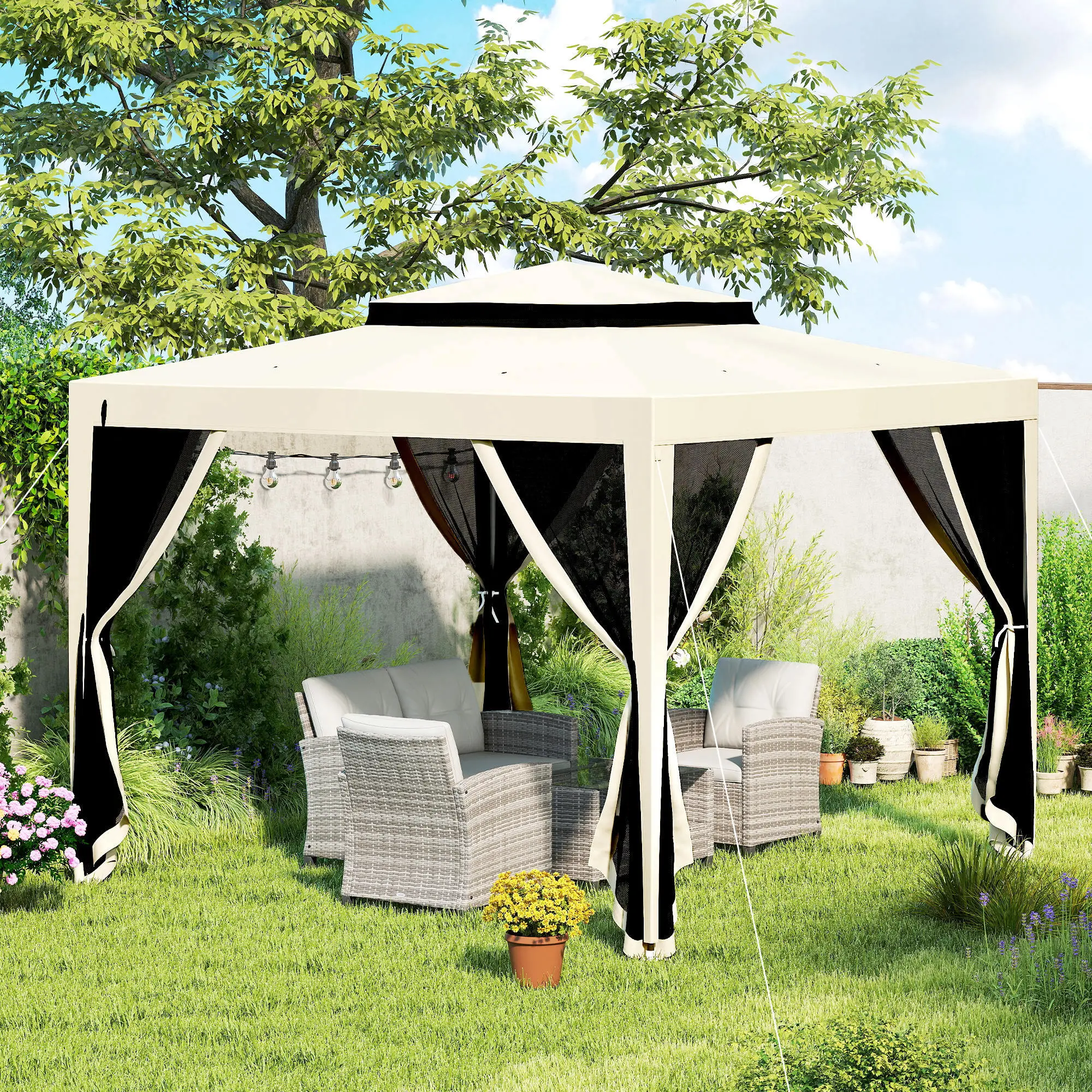 10' x 10' Outdoor Canopy Tent With Mesh Netting, Double Tier Roof, Beige - Image 10