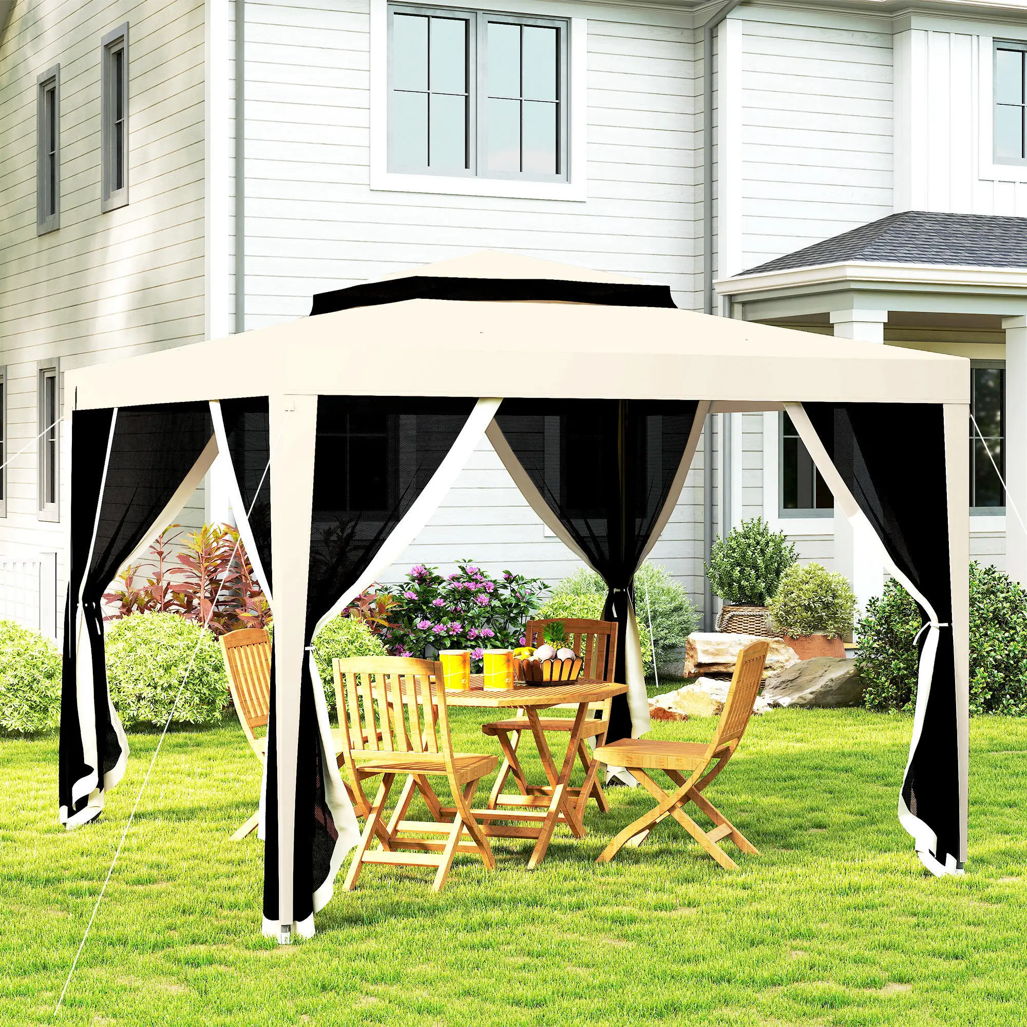 10' x 10' Outdoor Canopy Tent With Mesh Netting, Double Tier Roof, Beige - Image 2