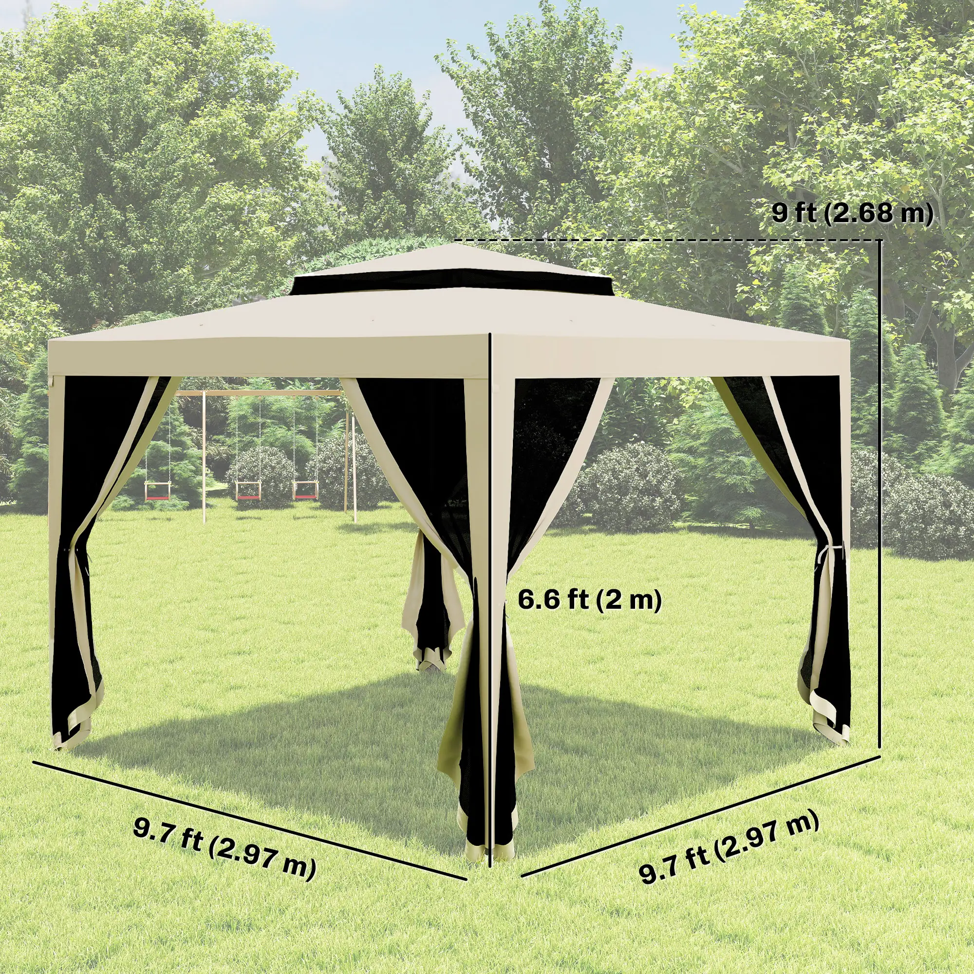 10' x 10' Outdoor Canopy Tent With Mesh Netting, Double Tier Roof, Beige - Image 3