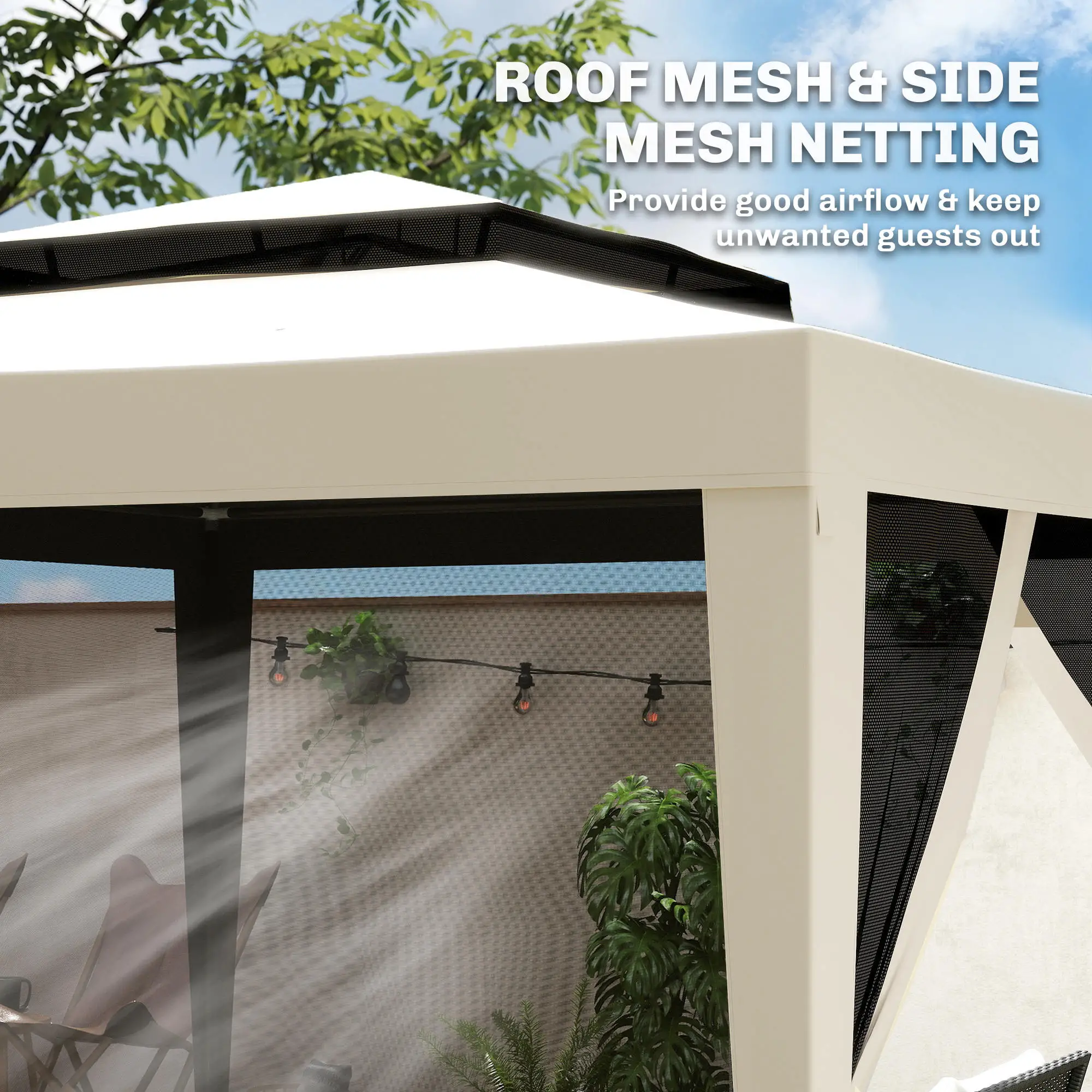 10' x 10' Outdoor Canopy Tent With Mesh Netting, Double Tier Roof, Beige - Image 6