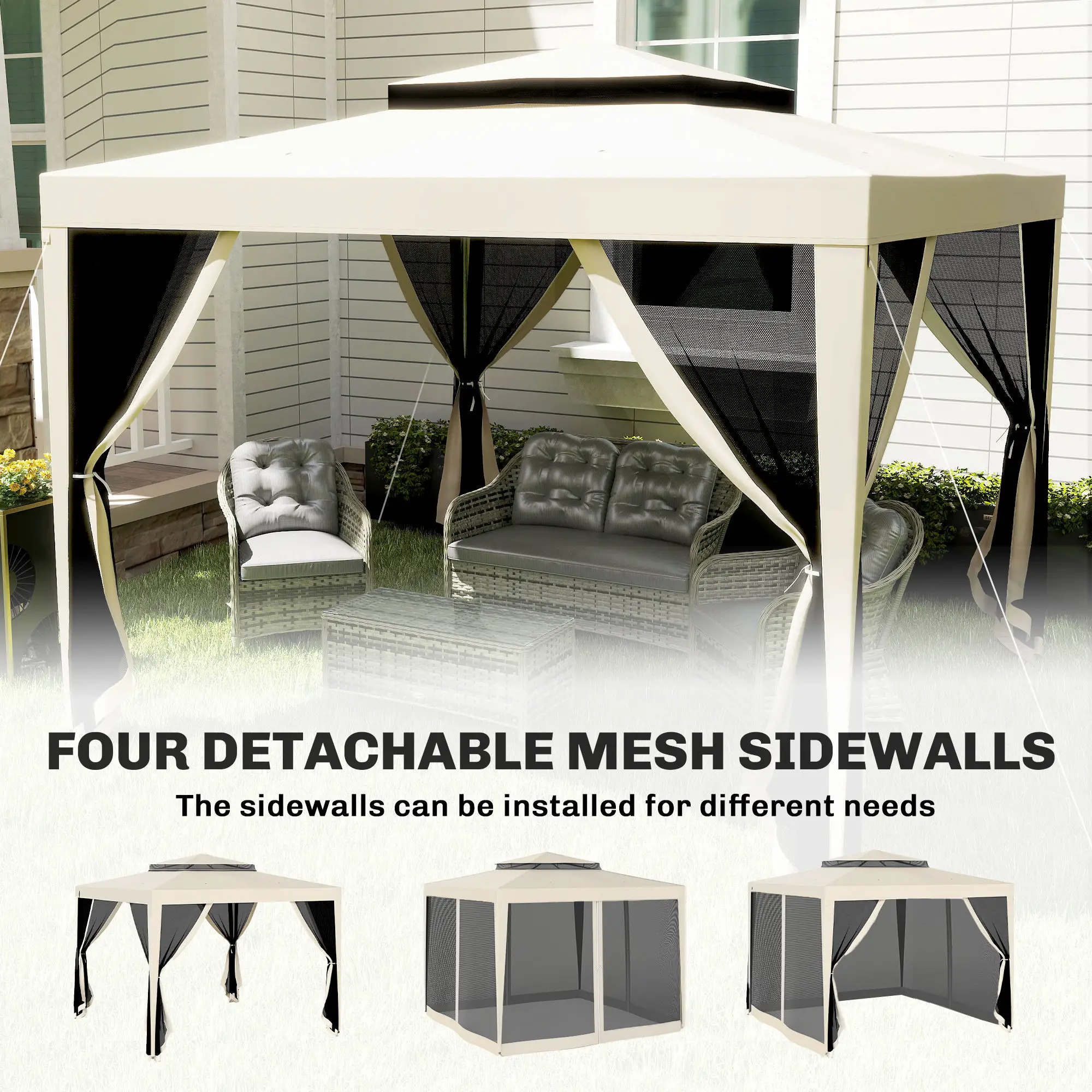 10' x 10' Outdoor Canopy Tent With Mesh Netting, Double Tier Roof, Beige - Image 7