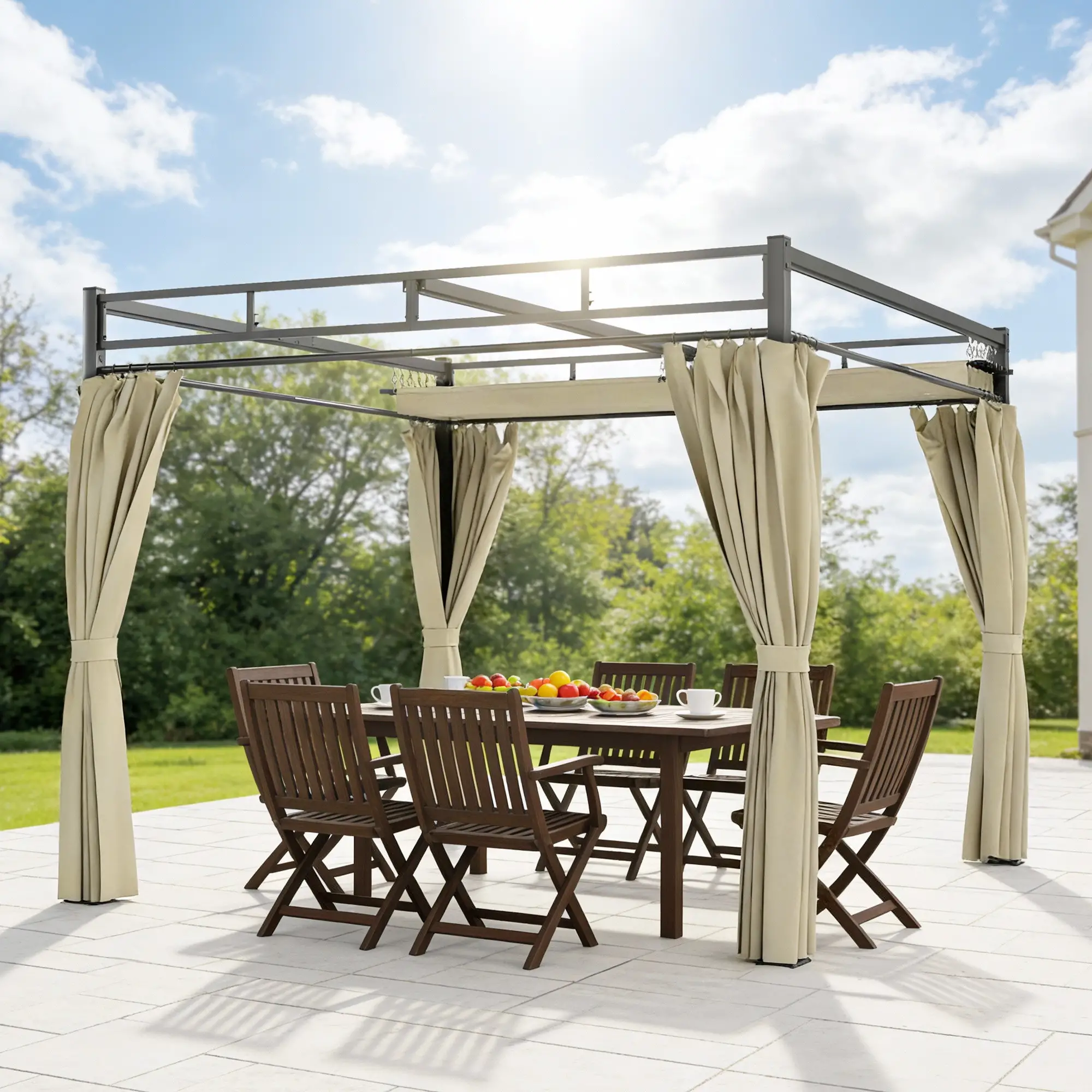 10' x 10' Outdoor Gazebo, Retractable Pergola Canopy With Curtains, Beige - Image 10