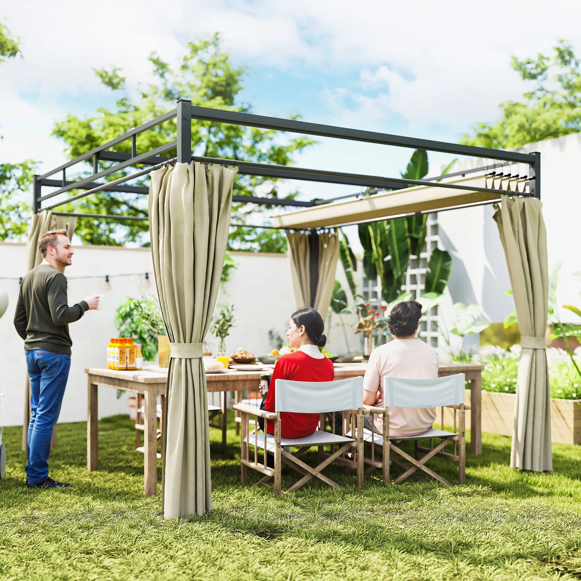 10' x 10' Outdoor Gazebo, Retractable Pergola Canopy With Curtains, Beige - Image 8