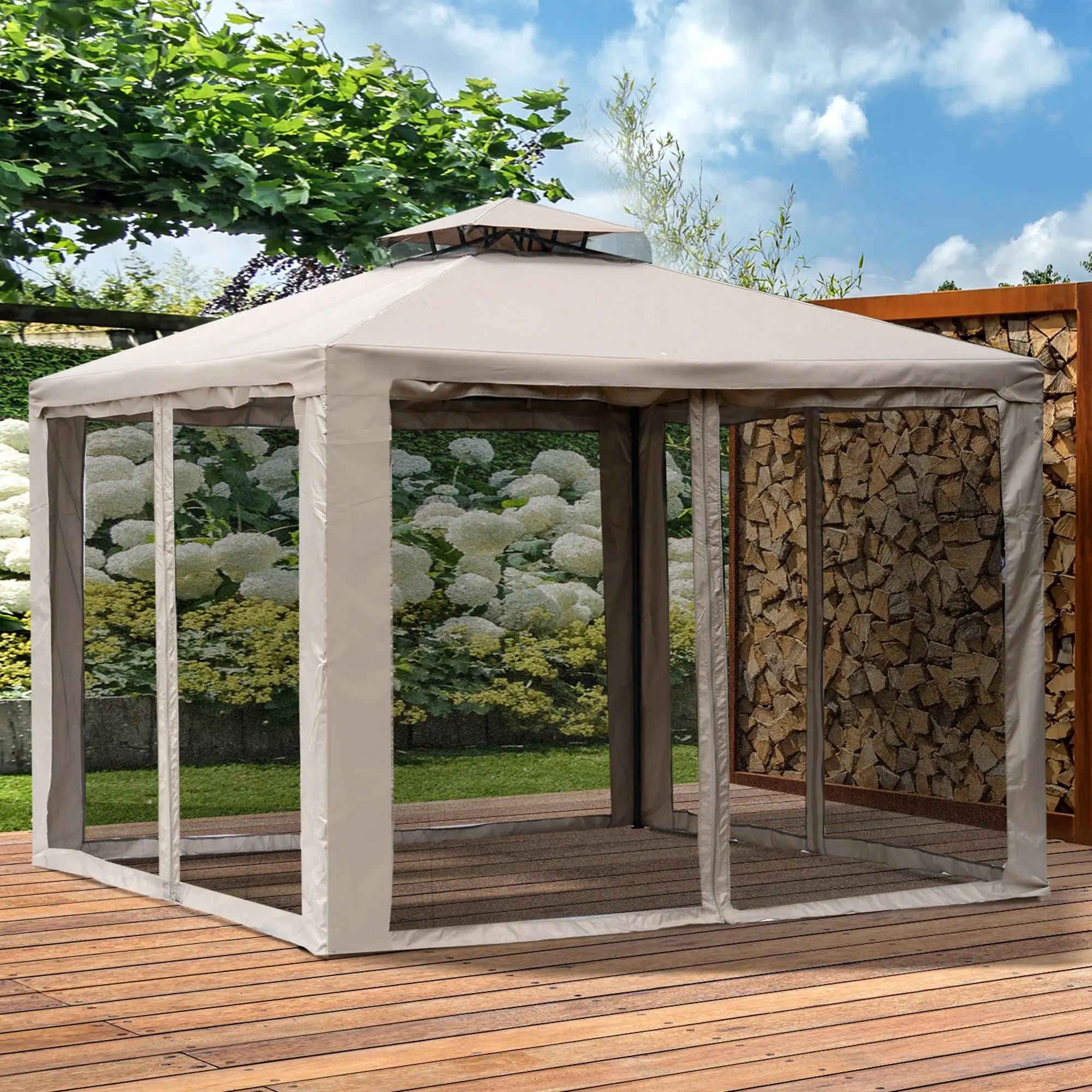 10' x 10' Outdoor Gazebo, Steel Frame, Canopy Shelter, Brown - Image 2
