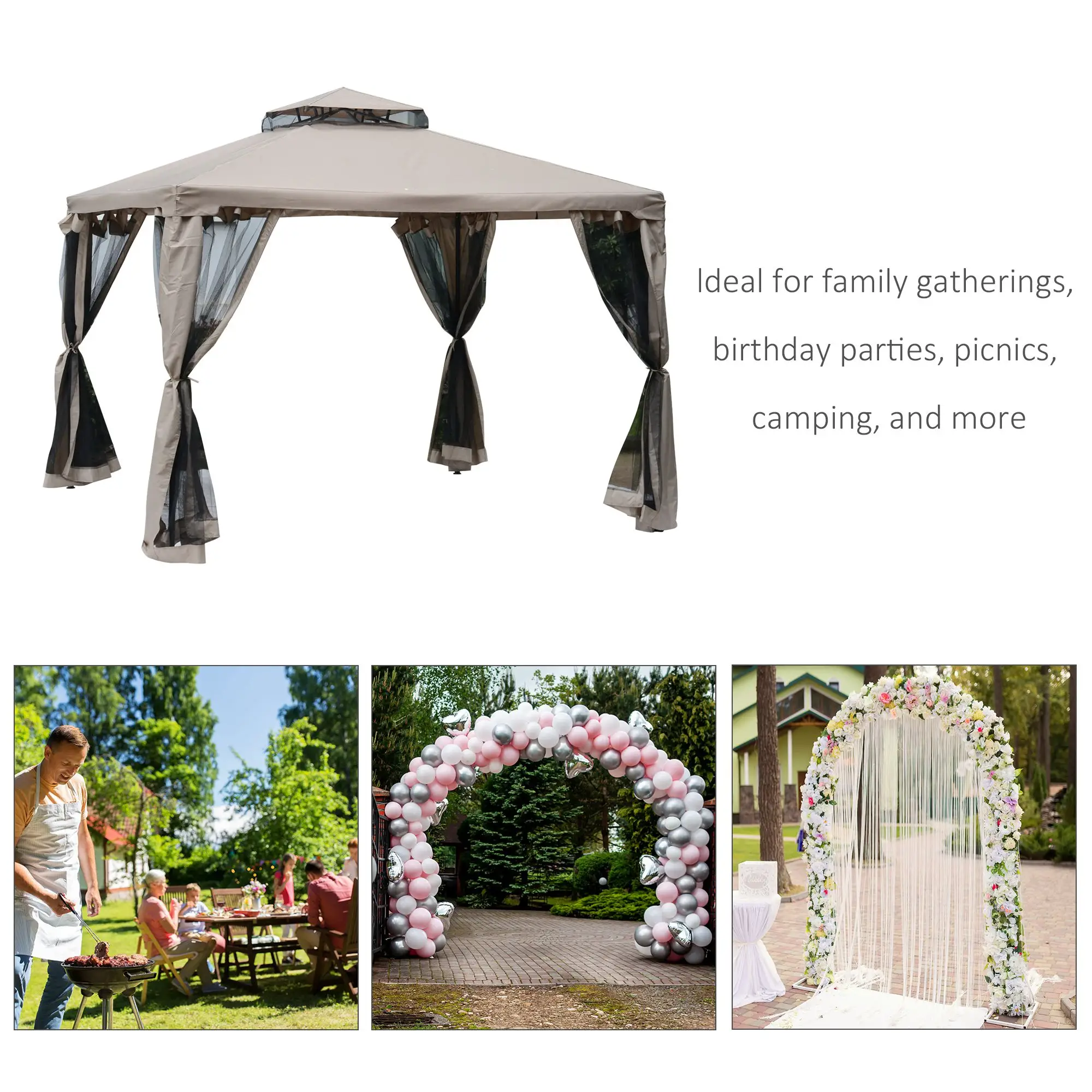 10' x 10' Outdoor Gazebo, Steel Frame, Canopy Shelter, Brown - Image 4