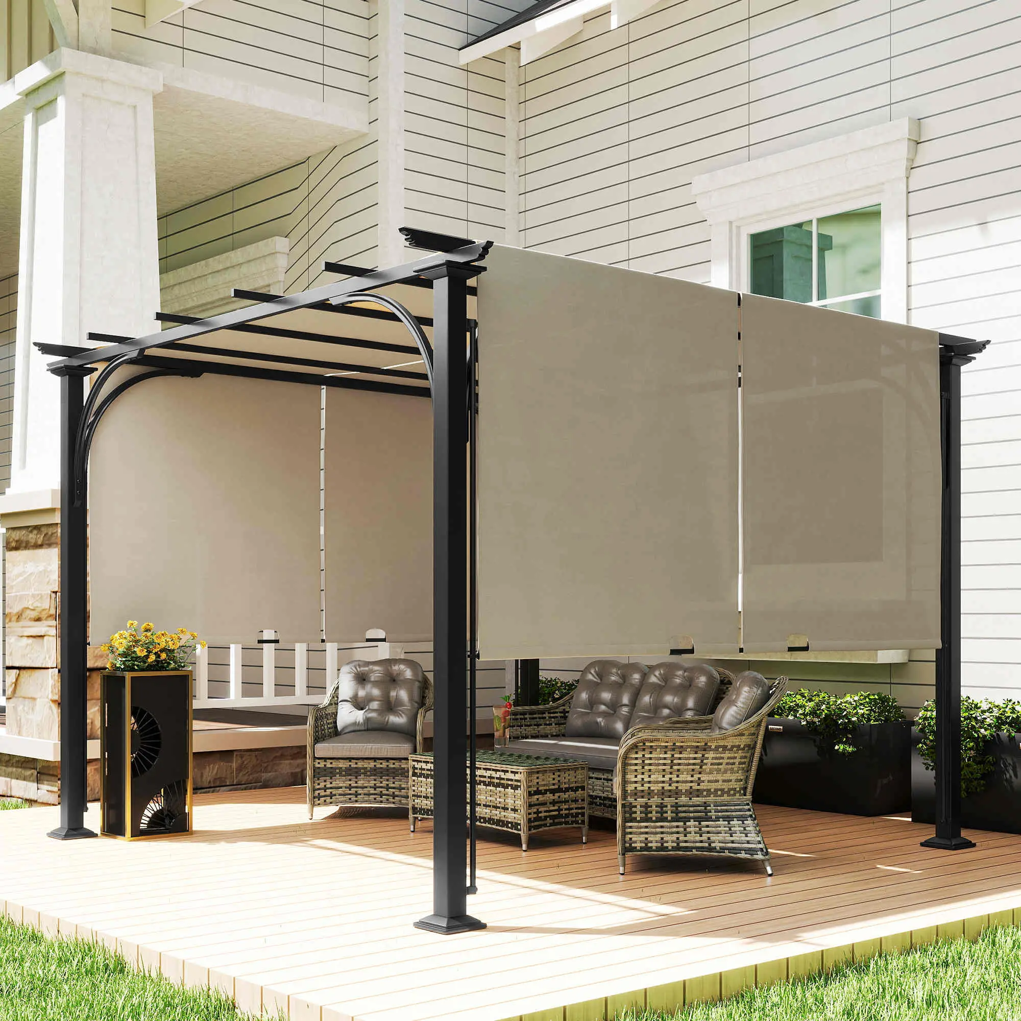 10' x 10' Outdoor Pergola, Steel Frame, Beige - Image 8