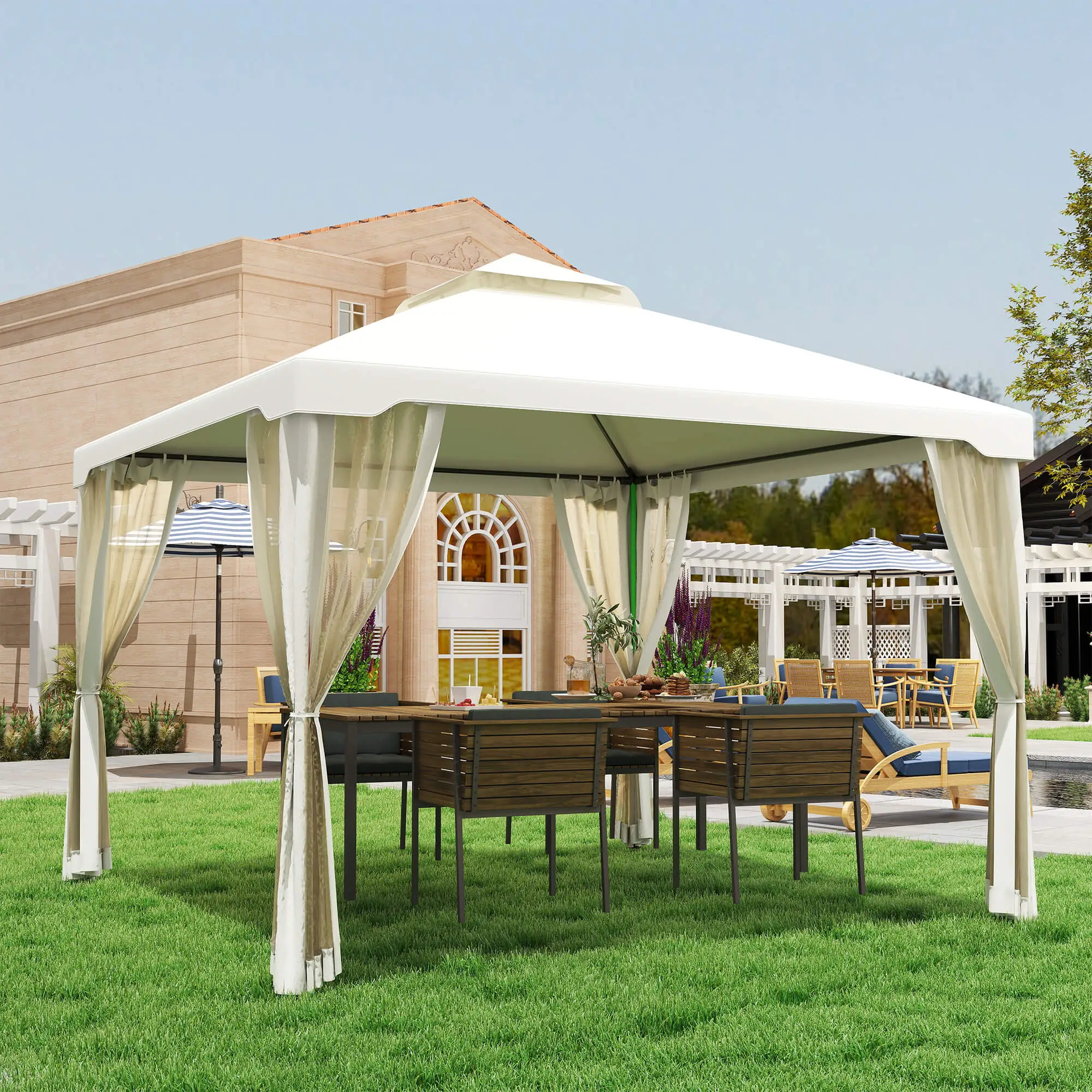 10' x 10' Patio Gazebo, Steel Frame, Mosquito Netting, Cream White - Image 9