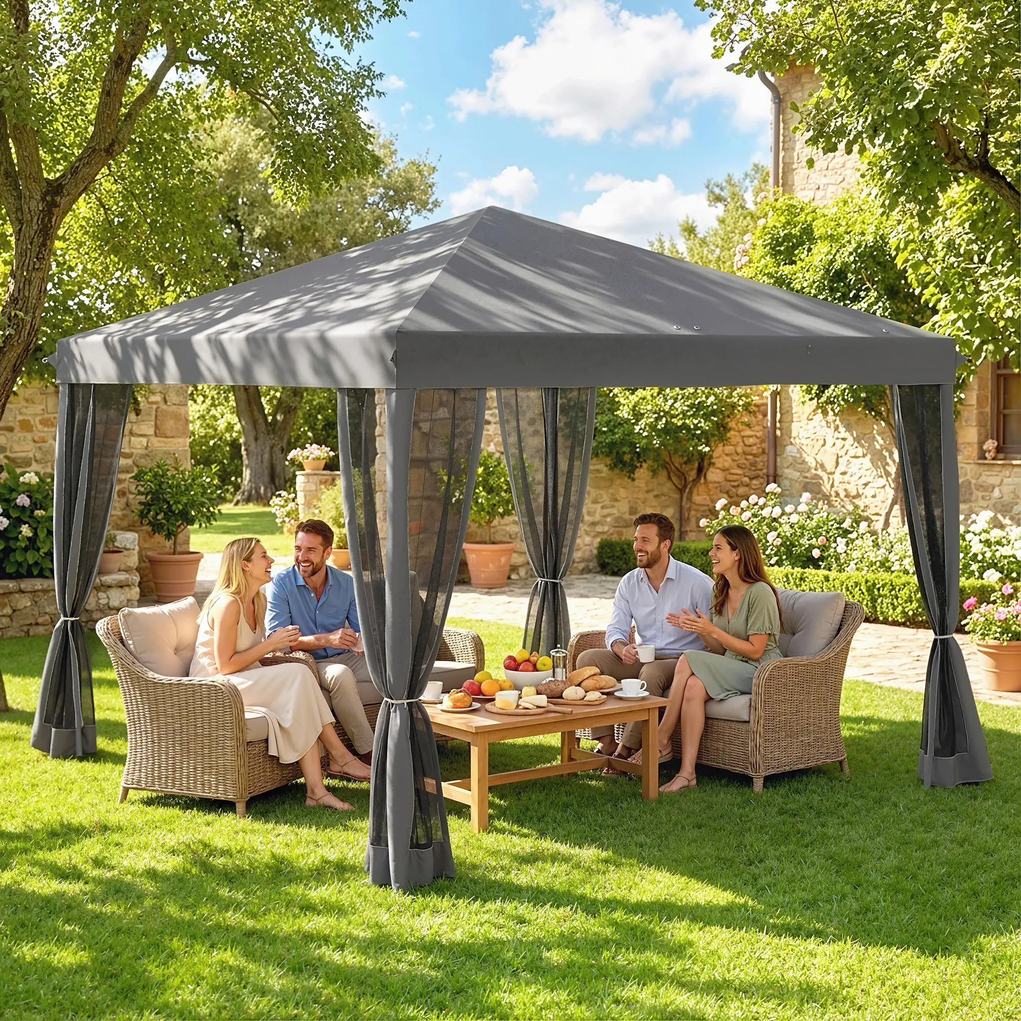 10' x 10' Pop Up Canopy Tent, Foldable With Zipper Mesh Sidewalls, Light Grey - Image 2